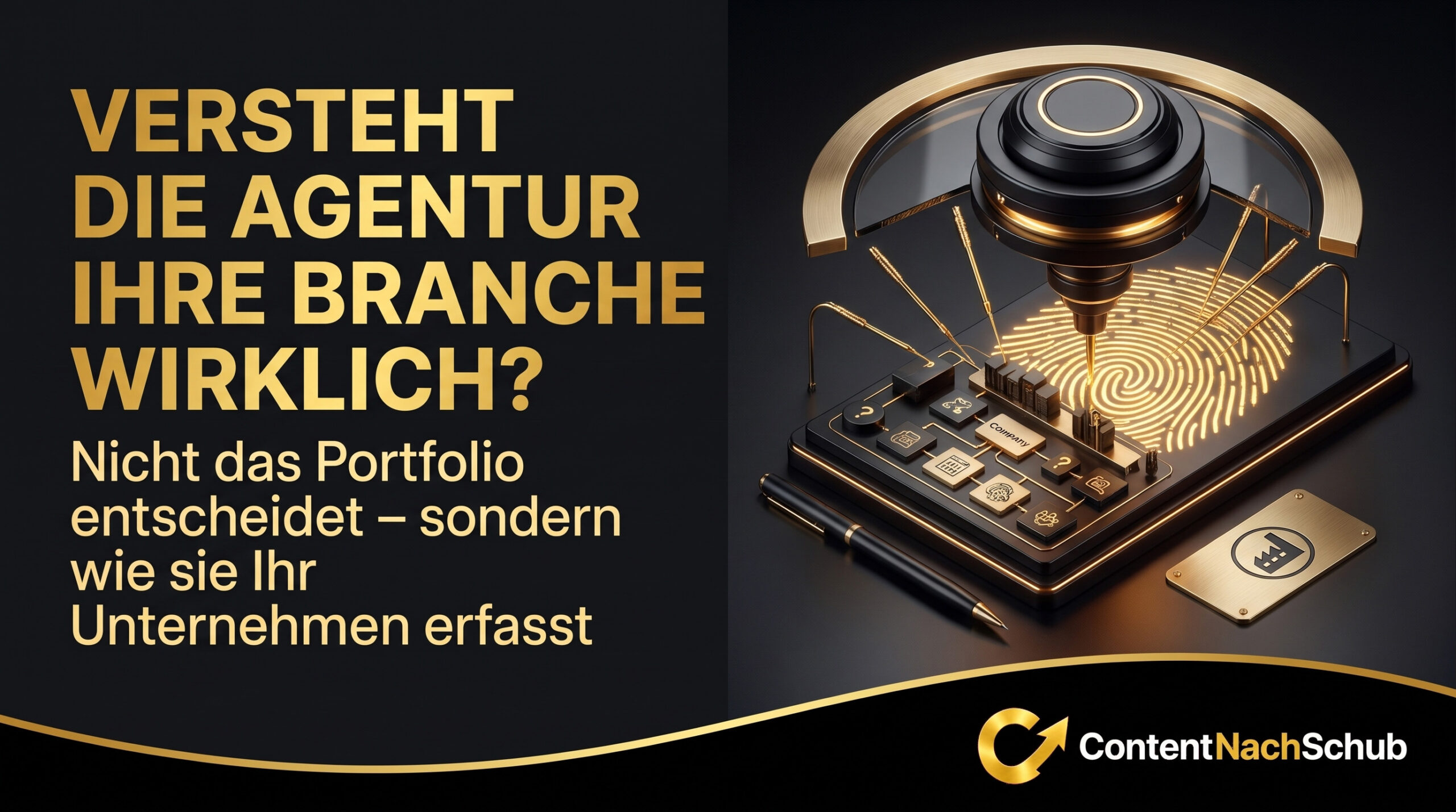 Auf einem Schreibtisch liegt ein Tablet mit einem Fingerabdruckscanner und Datensymbolen. Ein deutscher Text fragt, ob Agenturen Ihre Branche wirklich verstehen, und betont dabei, dass das Verständnis für Ihr Unternehmen wichtiger ist als das Portfolio. Unten ist das Logo von „ContentNachSchub“ zu sehen.