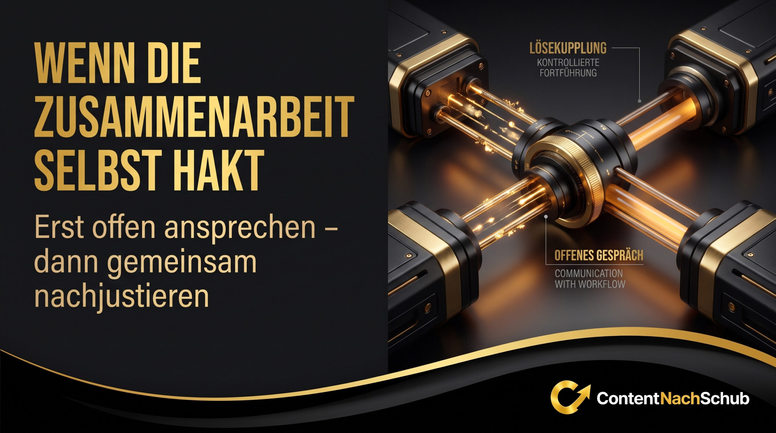 Vier miteinander verbundene Maschinen mit leuchtenden Anschlüssen veranschaulichen Zusammenarbeit; dazu gibt es einen deutschen Text über den Umgang mit und die Lösung von Problemen in der Teamarbeit. Das „InhaltNachSchub“-Logo befindet sich in der unteren rechten Ecke.