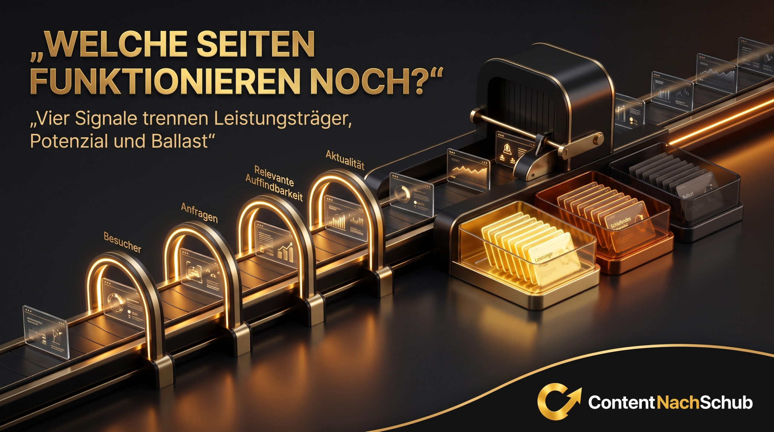Eine digitale Illustration, die zeigt, wie Inhalte auf einem Förderband sortiert werden, mit goldenen und durchsichtigen Ordnern. Der deutsche Text lautet: „Welche Seiten funktionieren noch?“ und enthält das Logo von ContentNachSchub.