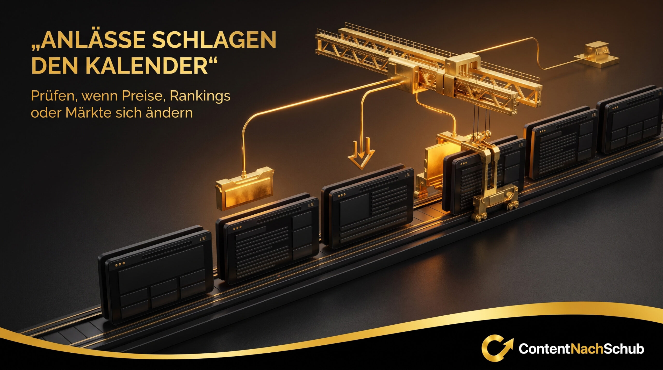Ein goldenes Förderbandsystem analysiert digitale Anzeigetafeln mit deutschen Texten über die Überprüfung von Preisen, Ranglisten oder Marktveränderungen. Das „ContentNachSchub“-Logo wird in der unteren rechten Ecke angezeigt.