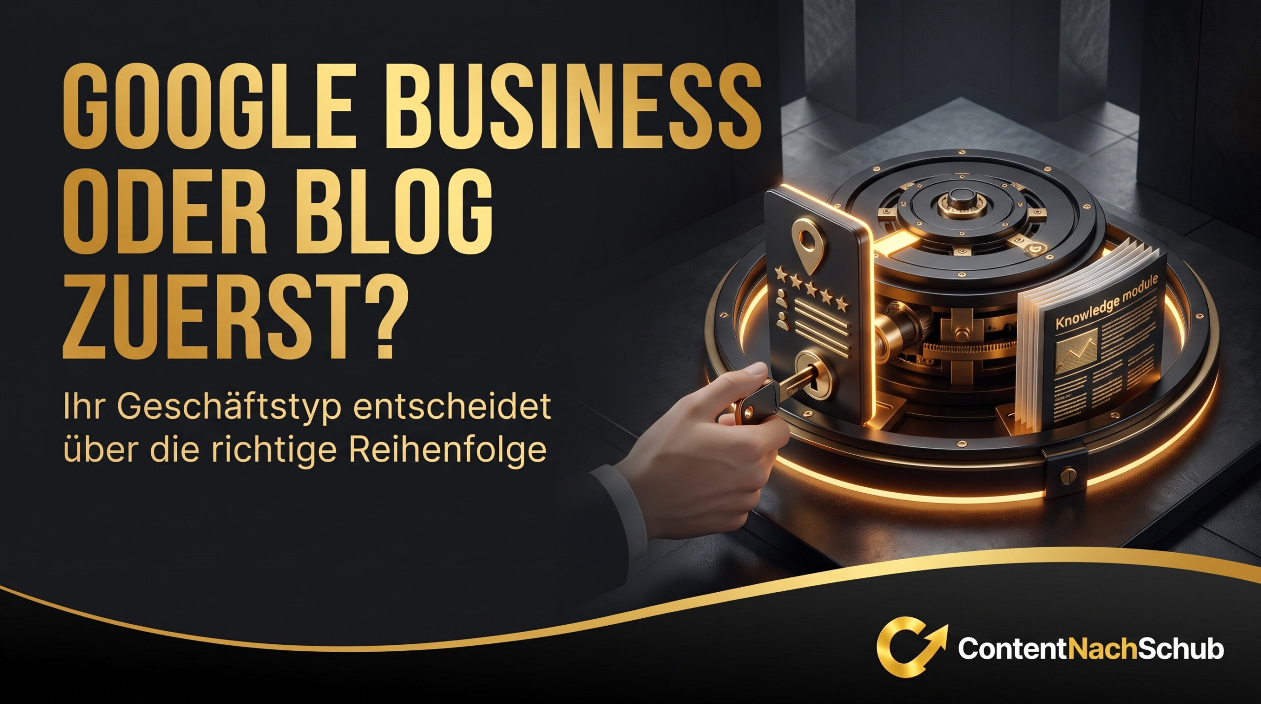 Eine Hand dreht einen Schlüssel in der Tür eines Tresors und gibt den Blick auf Dokumente und Sterne frei, begleitet von einem deutschen Text, in dem gefragt wird, ob Google Business oder der Blog an erster Stelle stehen sollte. Das „ContentNachSchub“-Logo ist zu sehen.