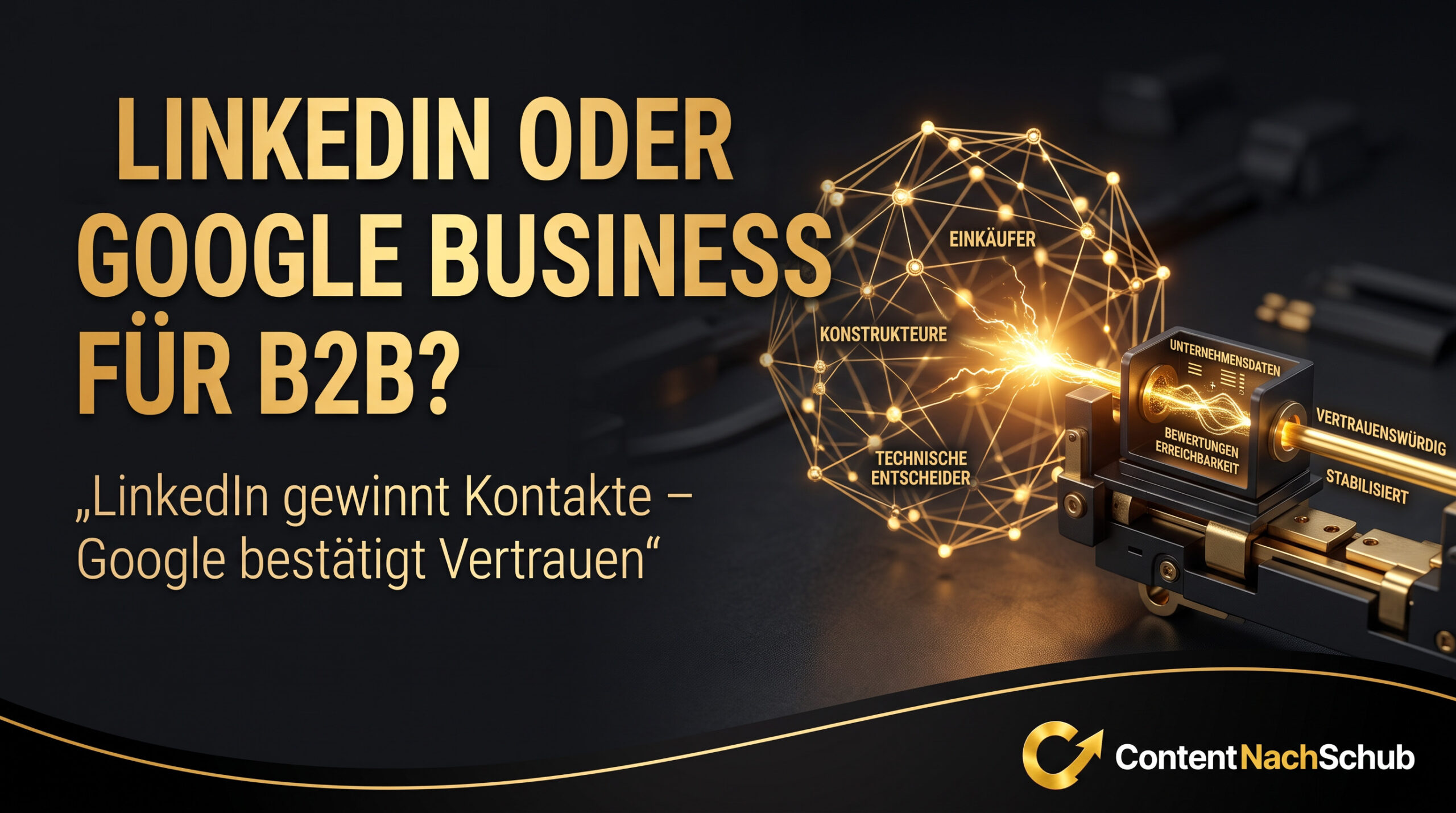 Eine digitale Grafik vergleicht LinkedIn und Google Business im B2B-Bereich und zeigt ein schaltkreisähnliches Netzwerk mit beschrifteten Knoten sowie das Zitat: „LinkedIn gewinnt Kontakte – Google bestätigt Vertrauen.“ Das ContentNachSchub-Logo ist zu sehen.