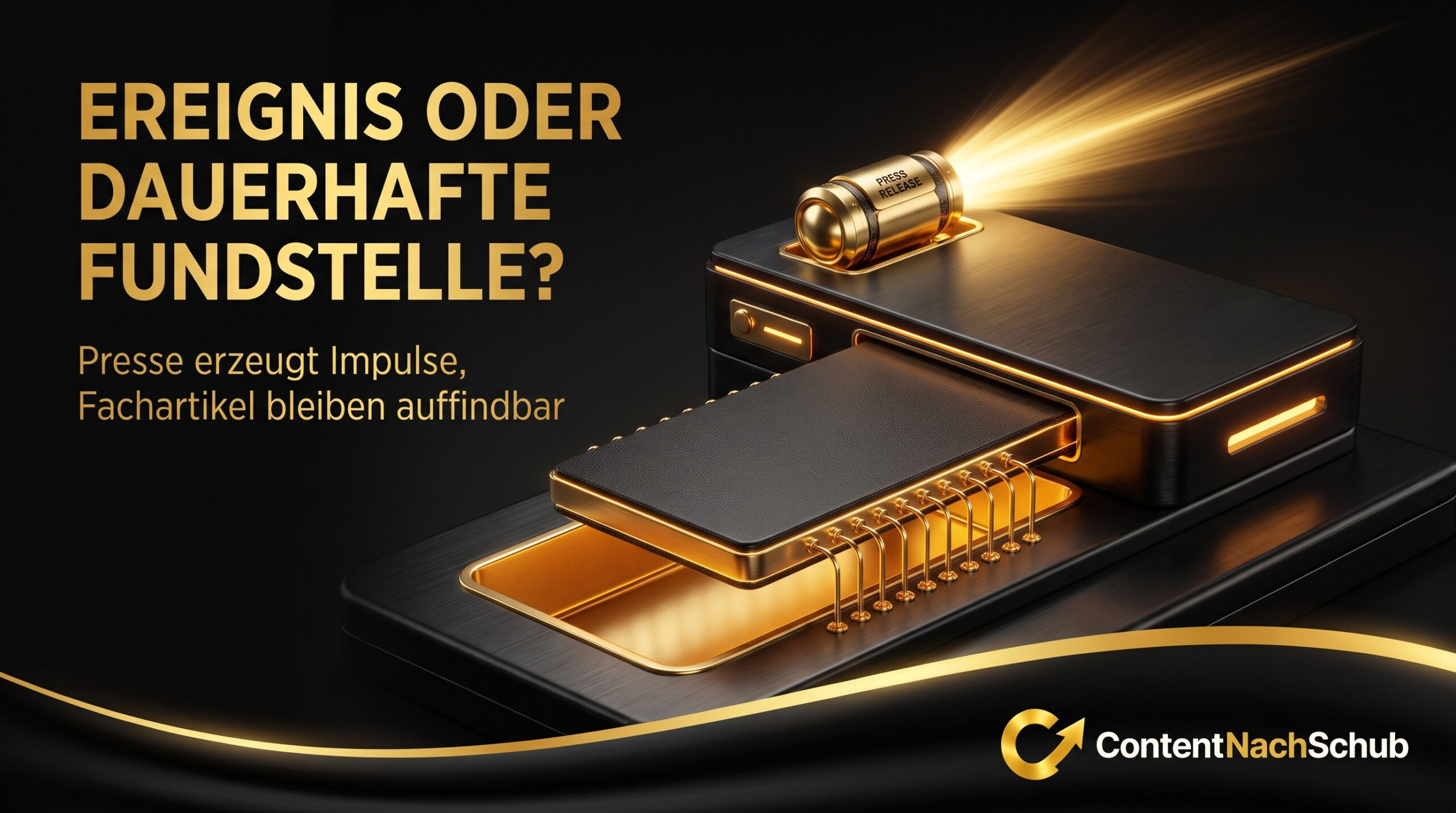 Ein futuristisches Gerät in Schwarz und Gold mit offenen Schubladen und einem leuchtenden Akku, daneben ein deutscher Text über nachhaltige Inhalte. Das „ContentNachSchub“-Logo befindet sich unten rechts.
