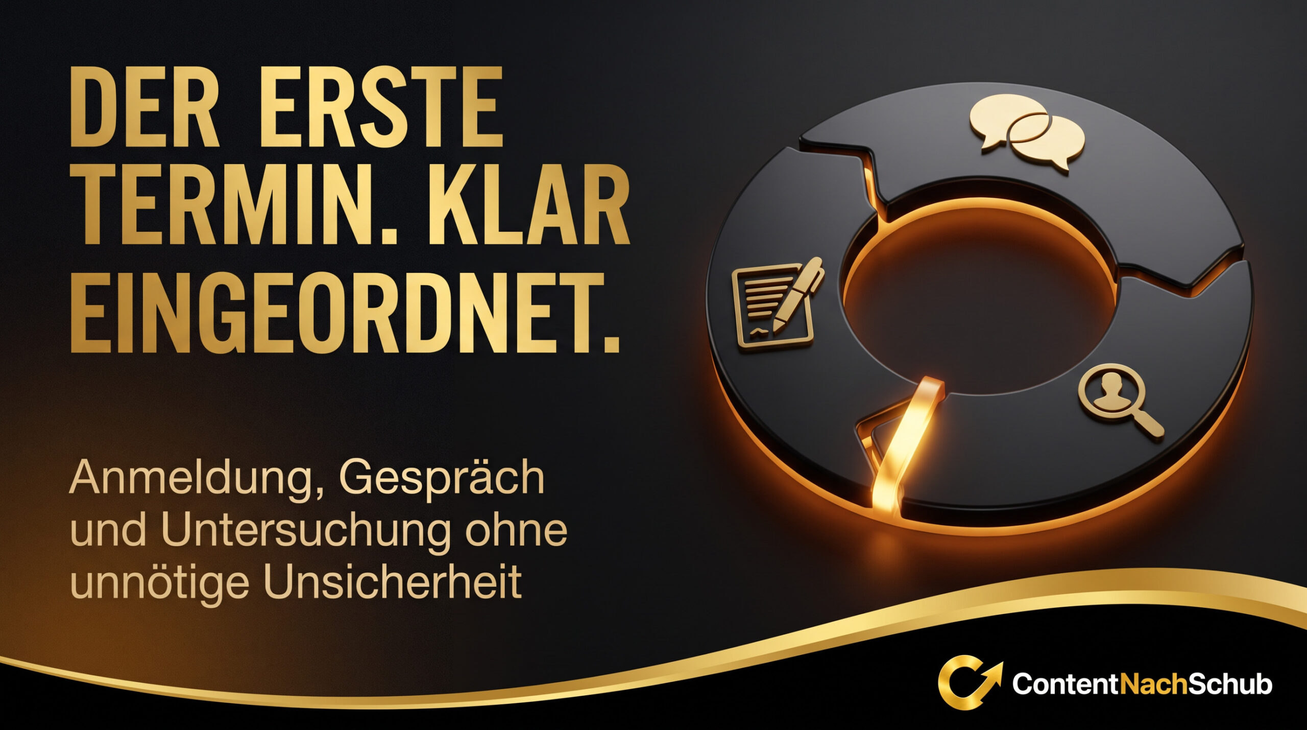 Goldfarbener Text in deutscher Sprache auf dunklem Hintergrund mit einer kreisförmigen Infografik, die Symbole für „Schreiben“, „Kommunikation“ und eine Lupe zeigt. Das „InhaltNachSchub“-Logo befindet sich in der rechten unteren Ecke.