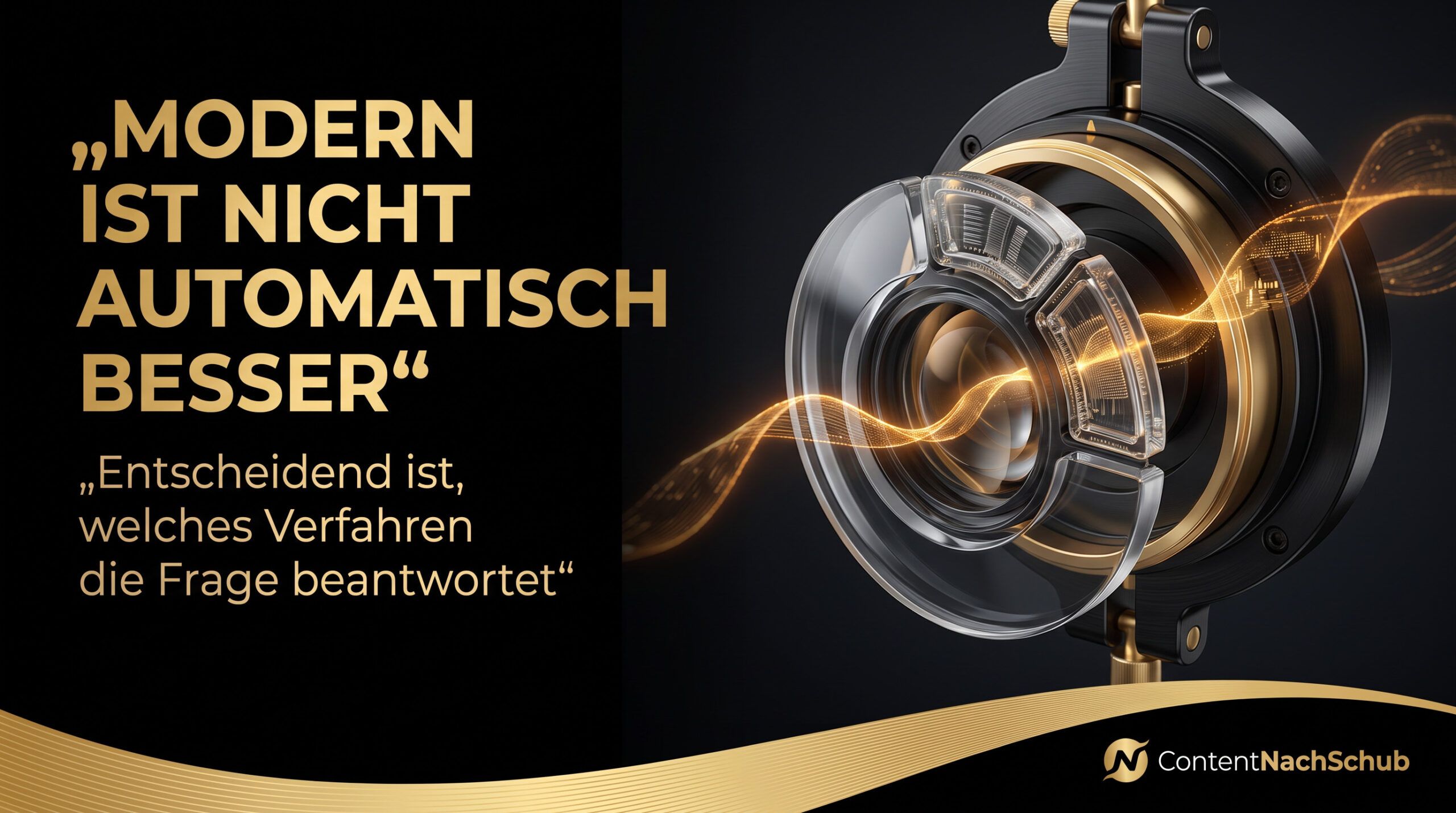 Neben einem abstrakten Motiv in Gold und Silber mit wirbelndem orangefarbenem Licht ist ein markanter deutscher Text über Modernität und Prozesse zu sehen. Das „ContentNachSchub“-Logo befindet sich in der rechten unteren Ecke. Schwarze und goldene Designelemente rahmen das Bild ein.