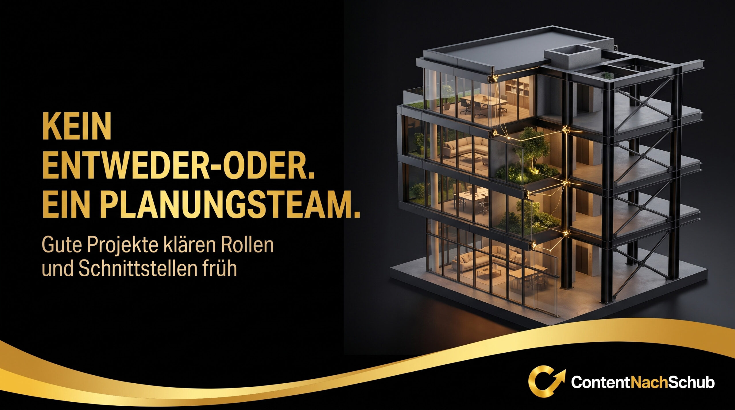 Neben einem deutschen Text über Planungsteams und Projekttransparenz ist ein modernes Gebäudemodell mit Glaswänden abgebildet. Gelber und weißer Text auf schwarzem Hintergrund, unten mit einem goldenen „ContentNachSchub“-Logo.