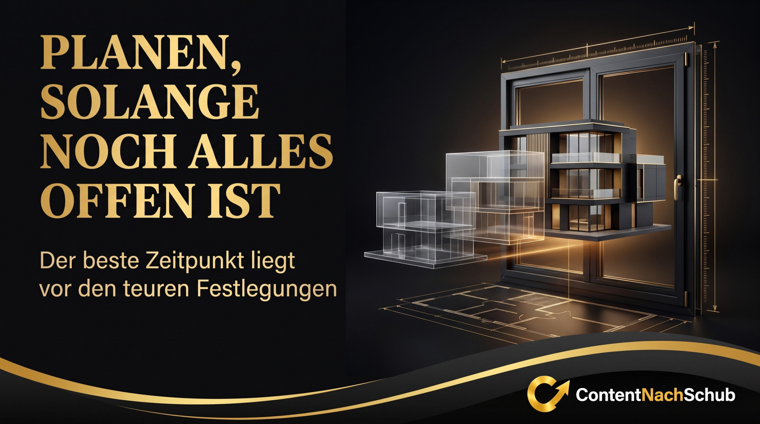 Ein 3D-Fenster mit abstrakten Bausteinen und fettgedrucktem deutschen Text: „PLANEN, SOLANGE NOCH ALLES OFFEN IST“. Der beste Zeitpunkt liegt vor den teuren Festlegungen. ContentNachSchub-Logo unten rechts.