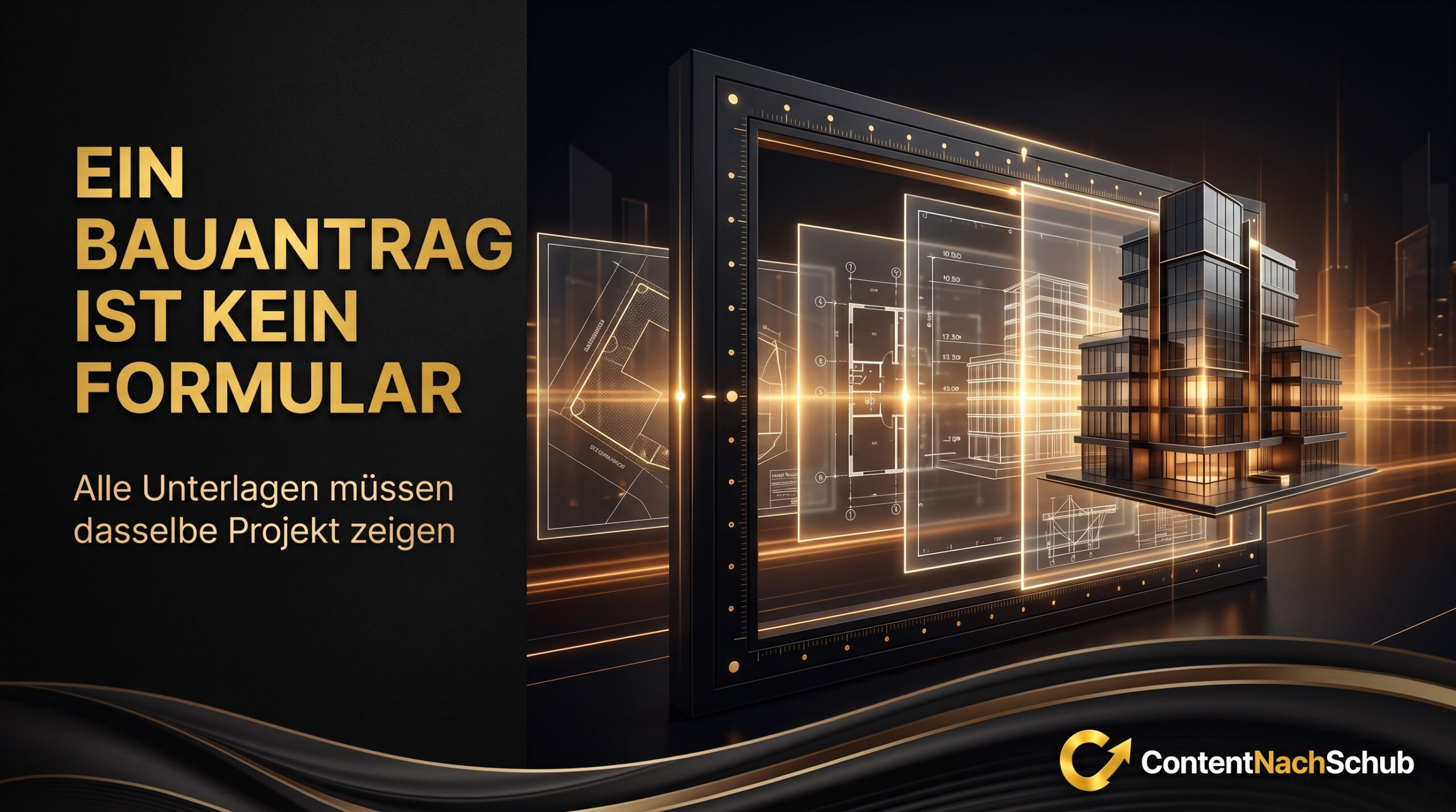 Ein digitales Kunstwerk zeigt Baupläne und ein 3D-Gebäudemodell. Der deutsche Text lautet: „Ein Bauantrag ist kein Formular. Alle Unterlagen müssen dasselbe Projekt zeigen.“ Unten rechts ist das ContentNachSchub-Logo zu sehen.