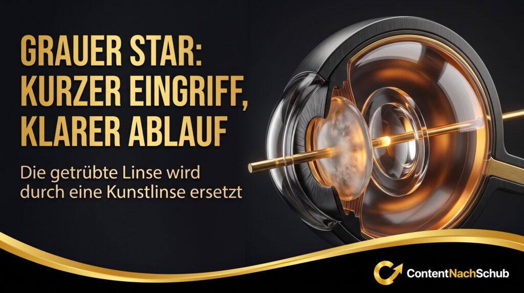Ein 3D Renderter Querschnitt Eines Auges Mit Einem Deutschen Text, Der Die Kataraktoperation Erklärt Und Zeigt, Wie Die Augenlinse Durch Eine Künstliche Linse Ersetzt Wird, Sowie Einem Logo Unten Rechts. Ein 3D-renderter Querschnitt eines Auges mit einem deutschen Text, der die Kataraktoperation erklärt und zeigt, wie die Augenlinse durch eine künstliche Linse ersetzt wird, sowie einem Logo unten rechts.