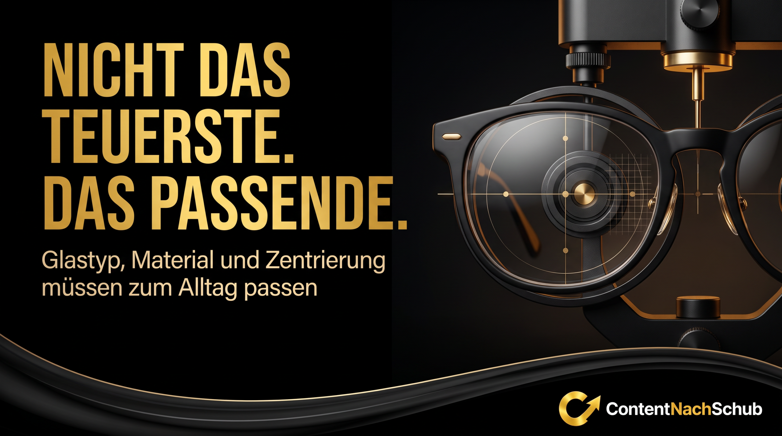 Ein Sehtestgerät neben einem deutschen Text: Nicht das Teuerste. Das Passende. Glastyp, Material und Zentrierung müssen zum Alltag passen. Das ContentNachSchub-Logo befindet sich unten rechts.