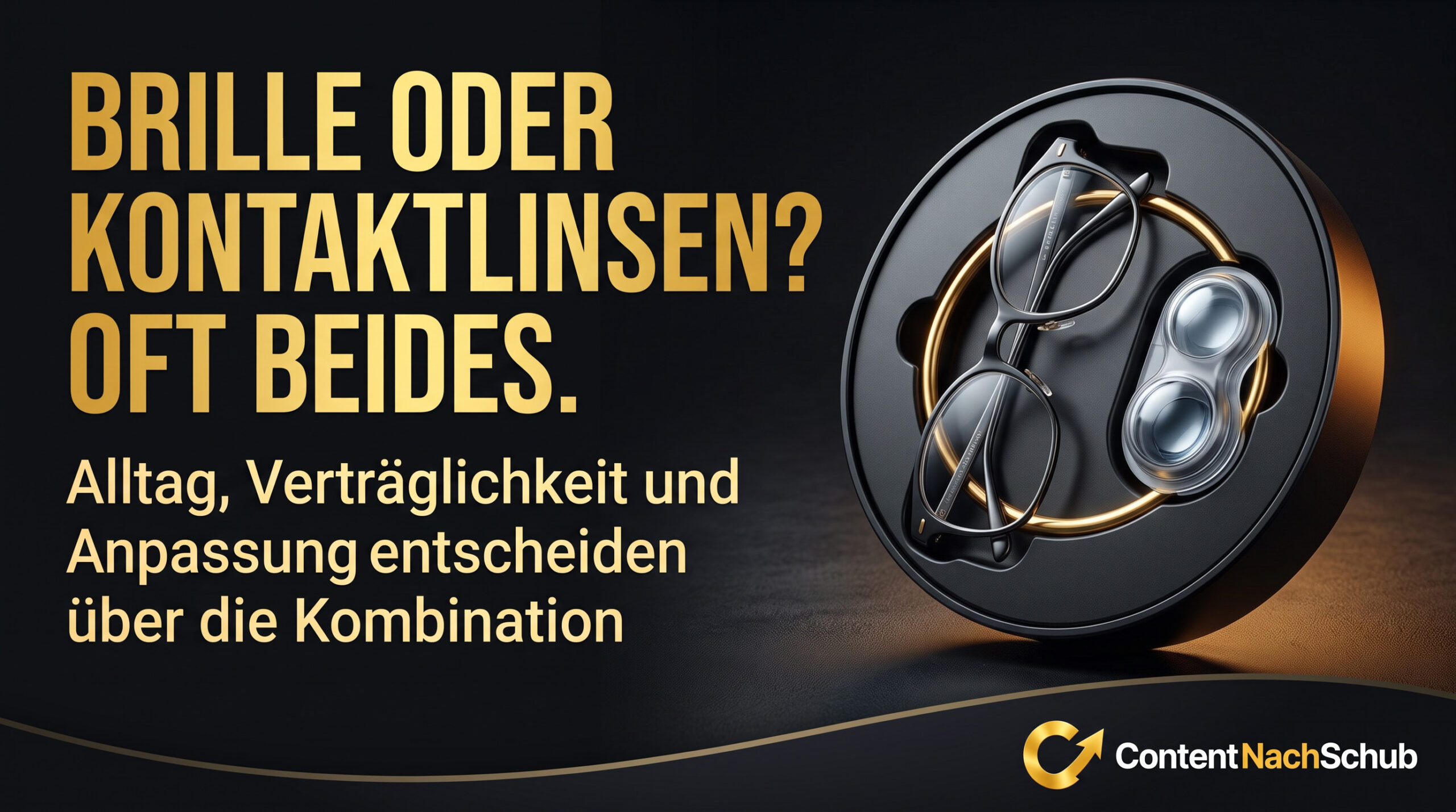 Ein rundes Etui für Brillen und Kontaktlinsen mit einem deutschen Text zur Wahl zwischen Brille, Kontaktlinsen oder beidem. Unten rechts ist das „ContentNachSchub“-Logo zu sehen.