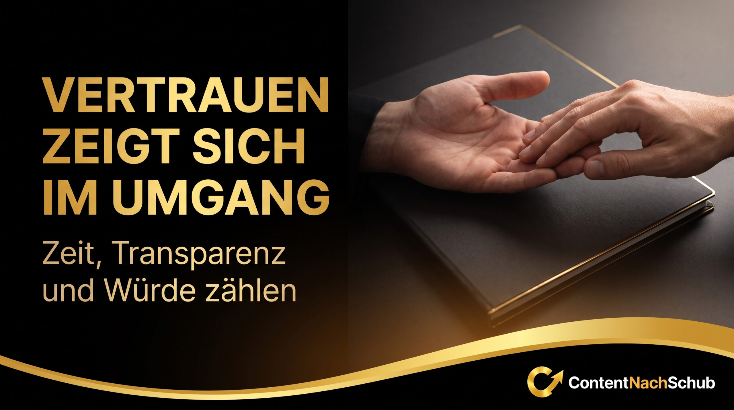 Zwei Hände, die sich sanft über einer geschlossenen schwarzen Mappe berühren. Der Text auf der linken Seite lautet auf Deutsch: „Vertrauen zeigt sich im Umgang. Zeit, Transparenz und Würde zählen.“ Unten rechts ist das Logo von „ContentNachSchub“ zu sehen.