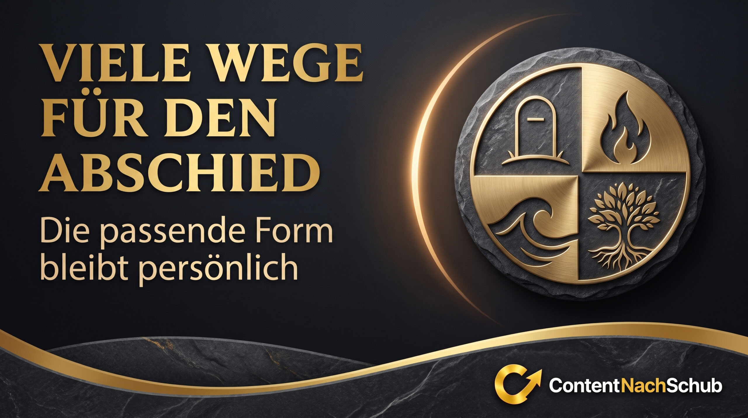 Der goldene Text in Deutsch lautet: „Viele Wege für den Abschied. Die passende Form bleibt persönlich.“ Daneben befindet sich ein gold-schwarzes Emblem mit den Symbolen Tür, Flamme, Welle und Baum. Das „InhaltNachSchub“-Logo befindet sich unten rechts.