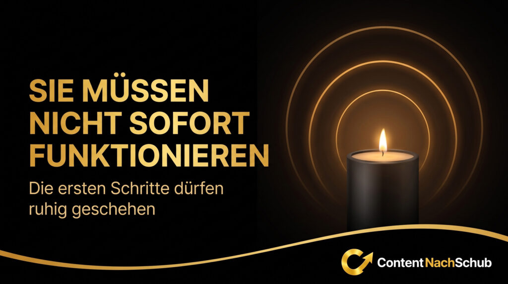 Eine Schwarze Kerze Mit Goldenen Ringen Vor Einem Dunklen Hintergrund. Der Deutsche Text Lautet: „Sie Müssen Nicht Sofort Funktionieren. Die Ersten Schritte Dürfen Ruhig Geschehen.“ Das ContentNachSchub Logo Befindet Sich Unten Rechts. Eine schwarze Kerze mit goldenen Ringen vor einem dunklen Hintergrund. Der deutsche Text lautet: „Sie müssen nicht sofort funktionieren. Die ersten Schritte dürfen ruhig geschehen.“ Das ContentNachSchub-Logo befindet sich unten rechts.