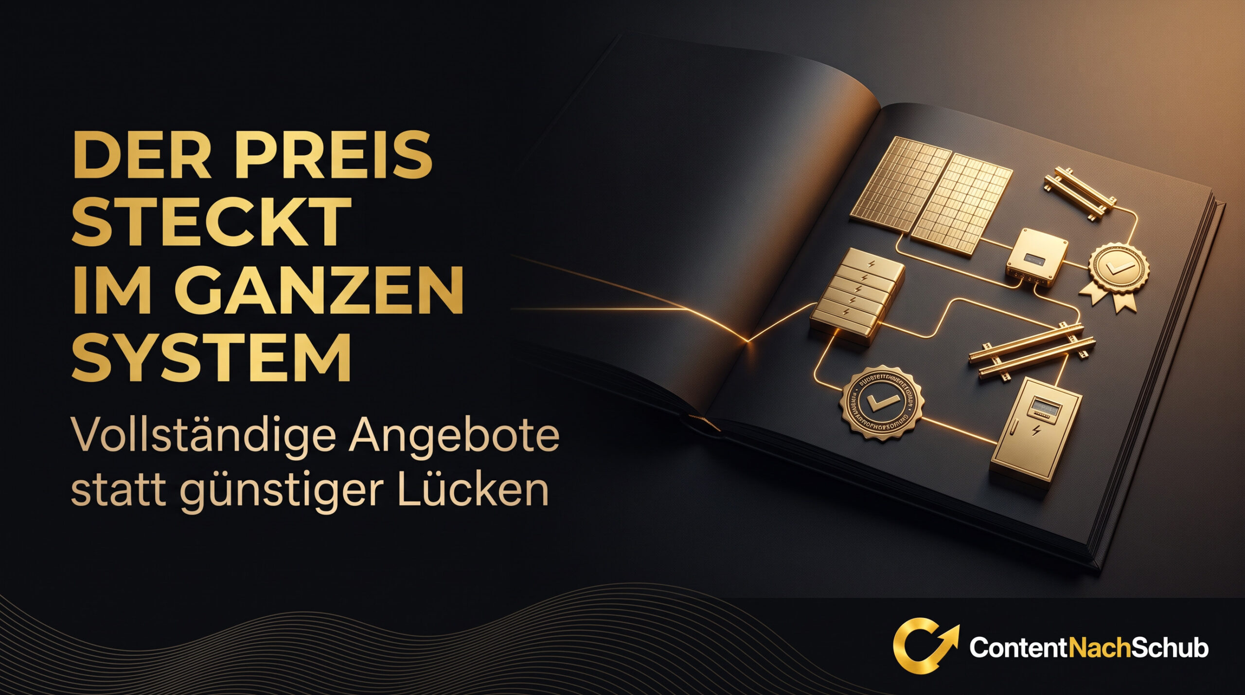 Ein dunkles, aufgeschlagenes Buch mit goldenen 3D-Symbolen wie Diagrammen und Zahnrädern, daneben ein deutscher Text: DER PREIS STECKT IM GANZEN SYSTEM. Vollständige Angebote statt günstiger Lücken. ContentNachSchub-Logo unten rechts.