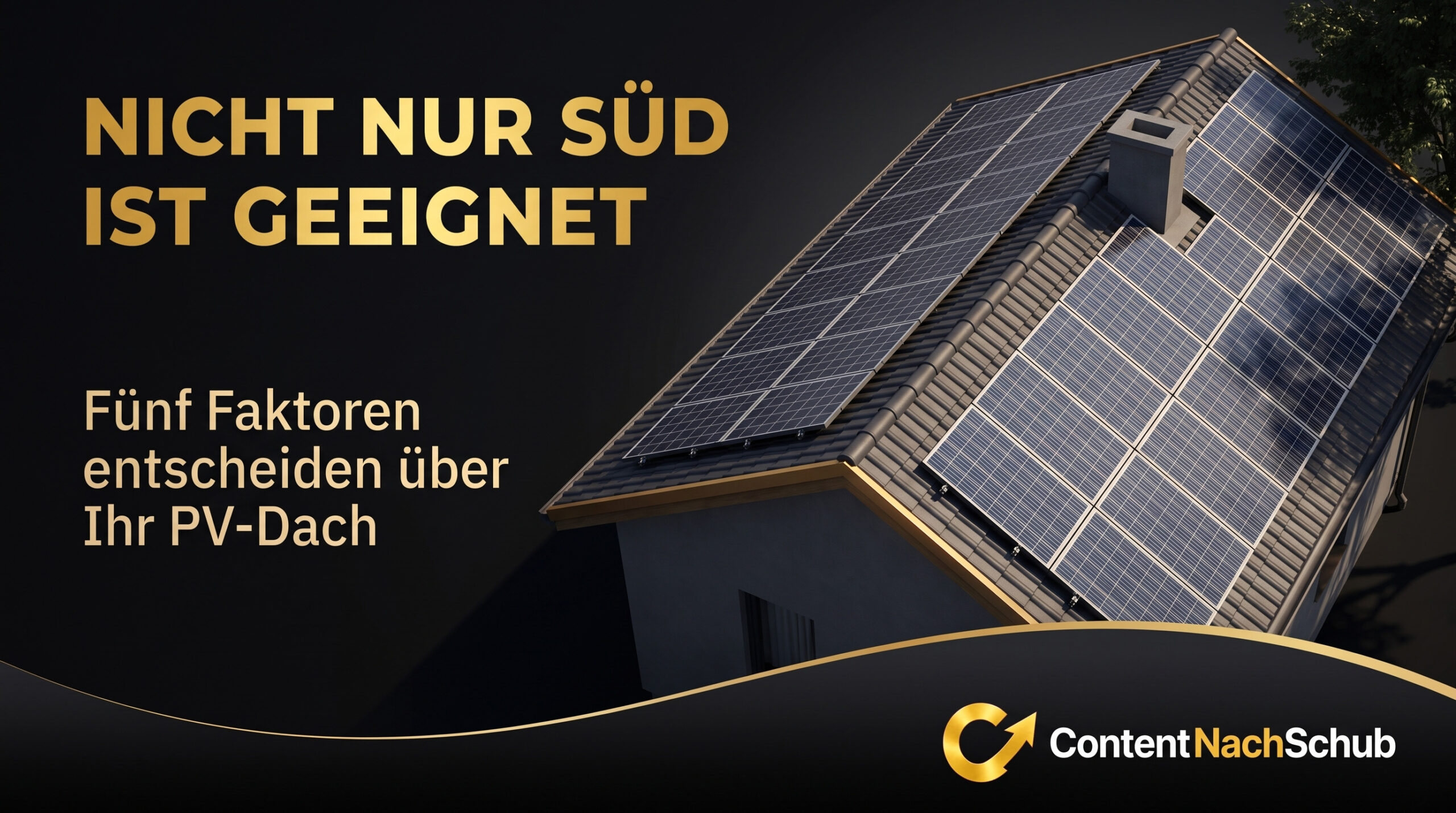 Ein Haus mit Solarmodulen auf dem Dach, von oben gesehen. Der deutsche Text lautet: „Nicht nur Süd ist geeignet. Fünf Faktoren entscheiden über Ihr PV-Dach.“ In der Ecke ist das ContentNachSchub-Logo zu sehen.