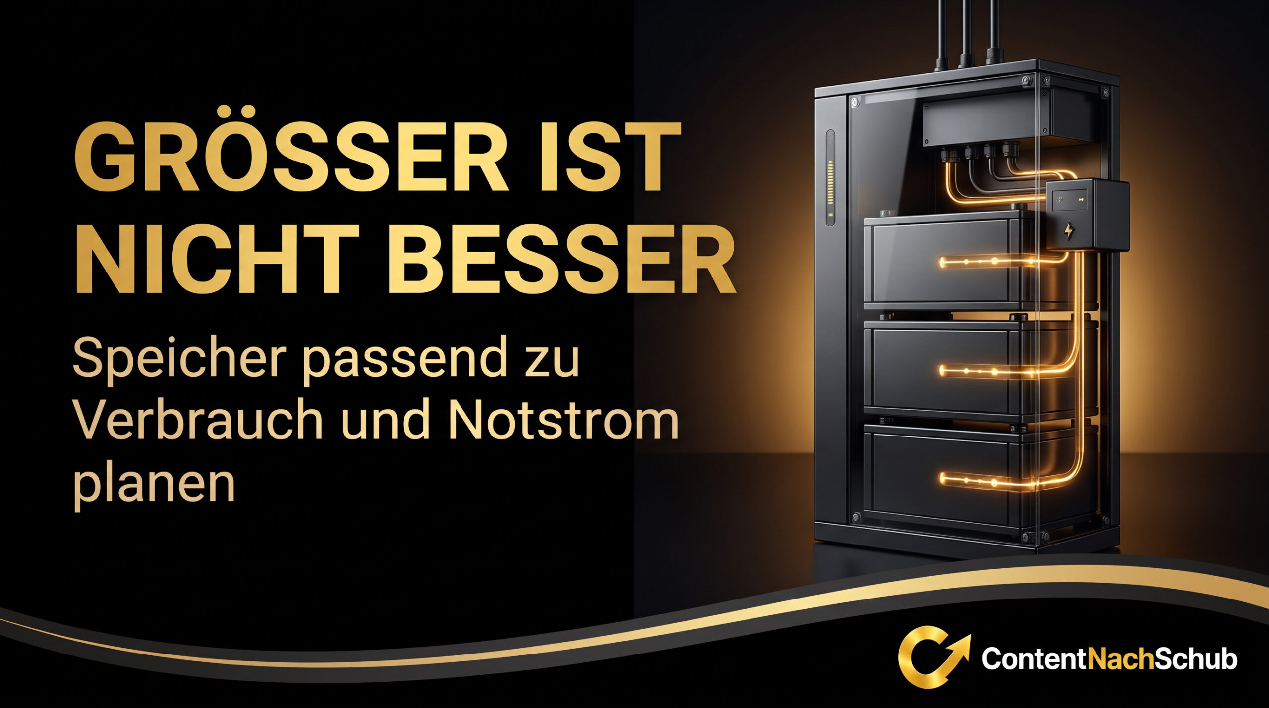 Eine digitale Anzeige auf Deutsch zeigt eine große Batterieeinheit mit leuchtenden Linien. Der Text lautet: „Größer ist nicht besser. Speicher passend zu Verbrauch und Notstrom planen.“ Das ContentNachSchub-Logo befindet sich unten rechts.