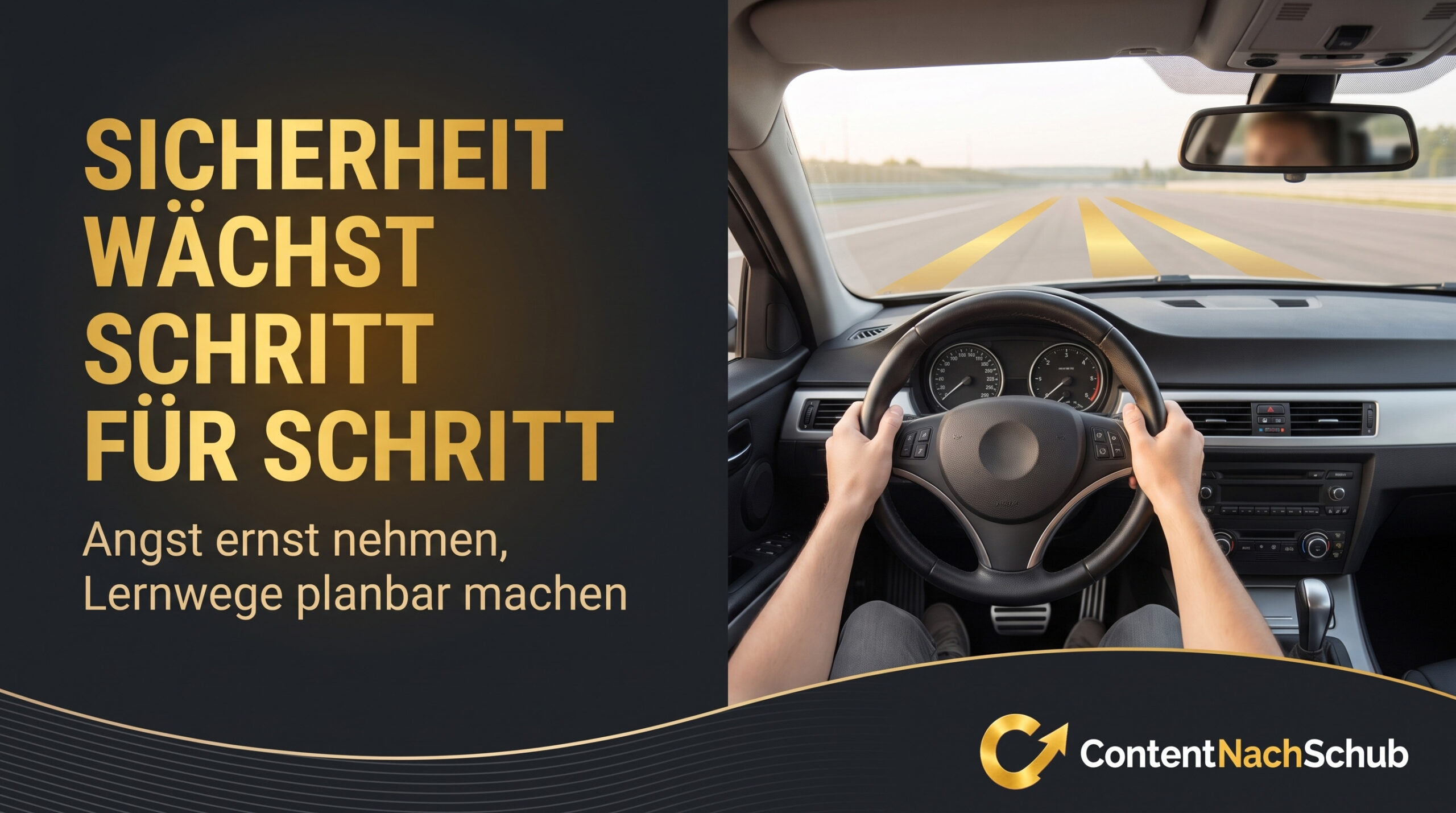 Eine Person fährt mit dem Auto auf einer leeren Straße, aus der Perspektive hinter dem Lenkrad. Der Text auf der linken Seite lautet: Sicherheit wächst Schritt für Schritt. Angst ernst nehmen, Lernwege planbar machen.