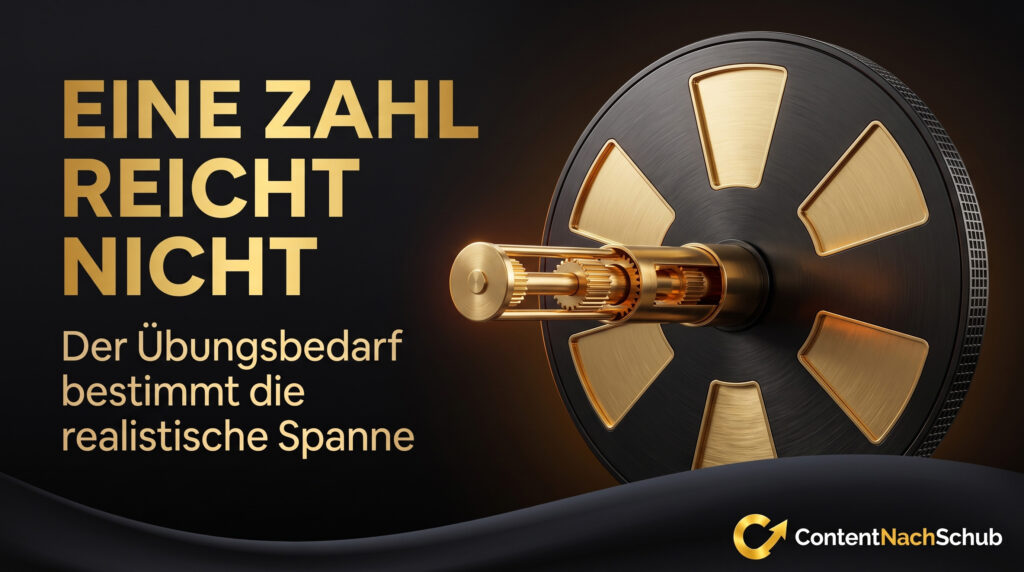 Ein Goldfarbener Safe Drehknopf Mit Deutscher Aufschrift: „Eine Zahl Reicht Nicht. Der Übungsbedarf Bestimmt Die Realistische Spanne.“ Unten Rechts Ist Das „ContentNachSchub“ Logo Zu Sehen. Ein goldfarbener Safe-Drehknopf mit deutscher Aufschrift: „Eine Zahl reicht nicht. Der Übungsbedarf bestimmt die realistische Spanne.“ Unten rechts ist das „ContentNachSchub“-Logo zu sehen.