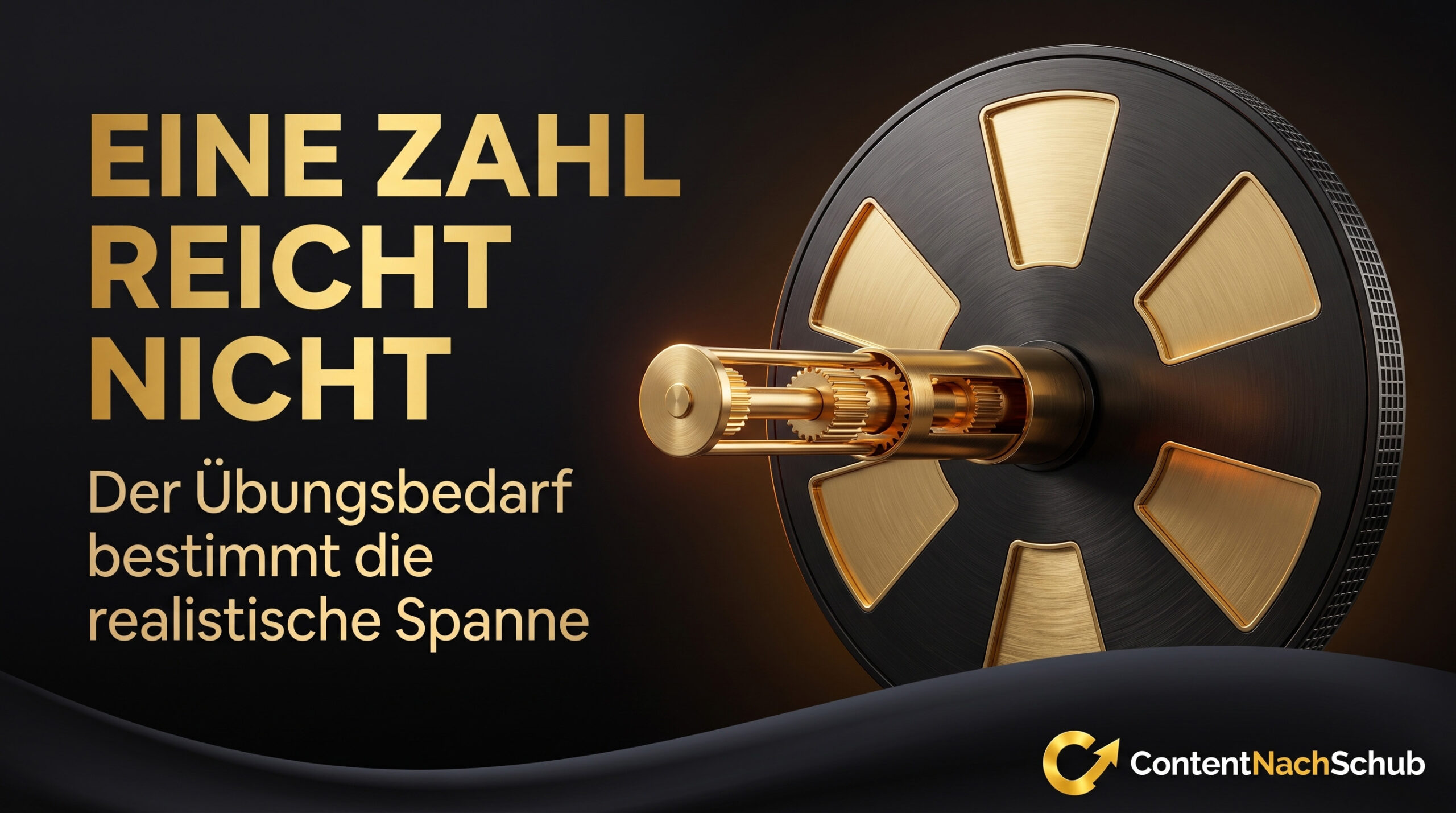 Ein goldfarbener Safe-Drehknopf mit deutscher Aufschrift: „Eine Zahl reicht nicht. Der Übungsbedarf bestimmt die realistische Spanne.“ Unten rechts ist das „ContentNachSchub“-Logo zu sehen.