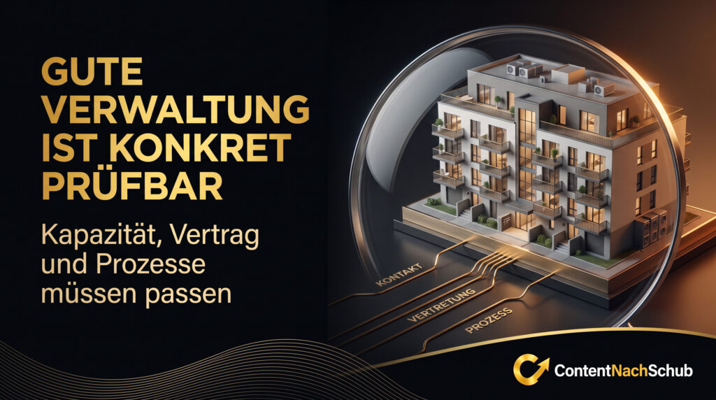Eine digitale Illustration eines Wohnhauses unter einer Glaskuppel mit Schaltkreisen, die mit „Kontakt“, „Vertretung“ und „Prozess“ beschriftet sind. Der deutsche Text betont die nachvollziehbare Verwaltung. Das „InhaltNachSchub“-Logo befindet sich unten rechts.
