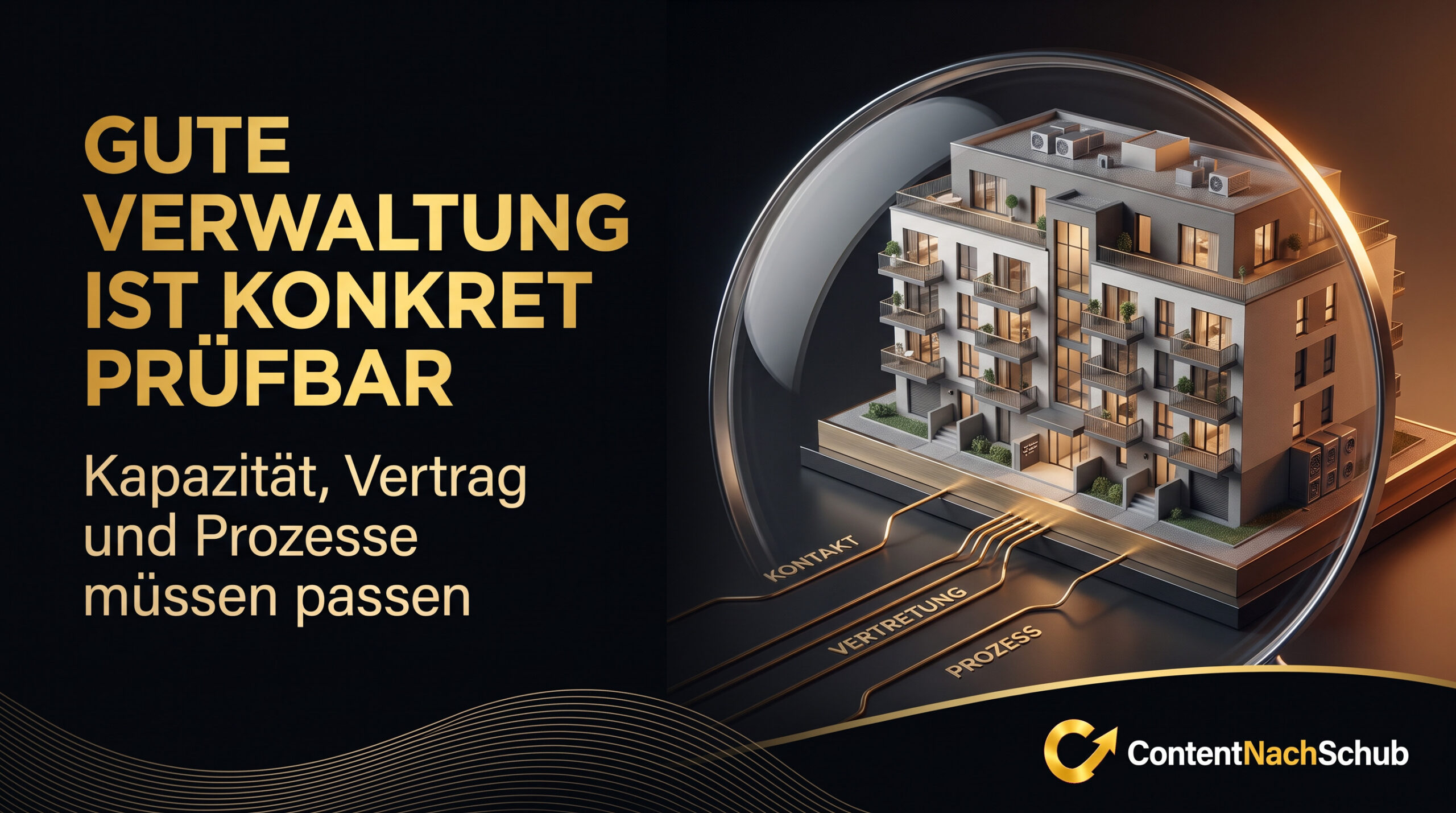 Eine digitale Illustration eines Wohnhauses unter einer Glaskuppel mit Schaltkreisen, die mit „Kontakt“, „Vertretung“ und „Prozess“ beschriftet sind. Der deutsche Text betont die nachvollziehbare Verwaltung. Das „InhaltNachSchub“-Logo befindet sich unten rechts.