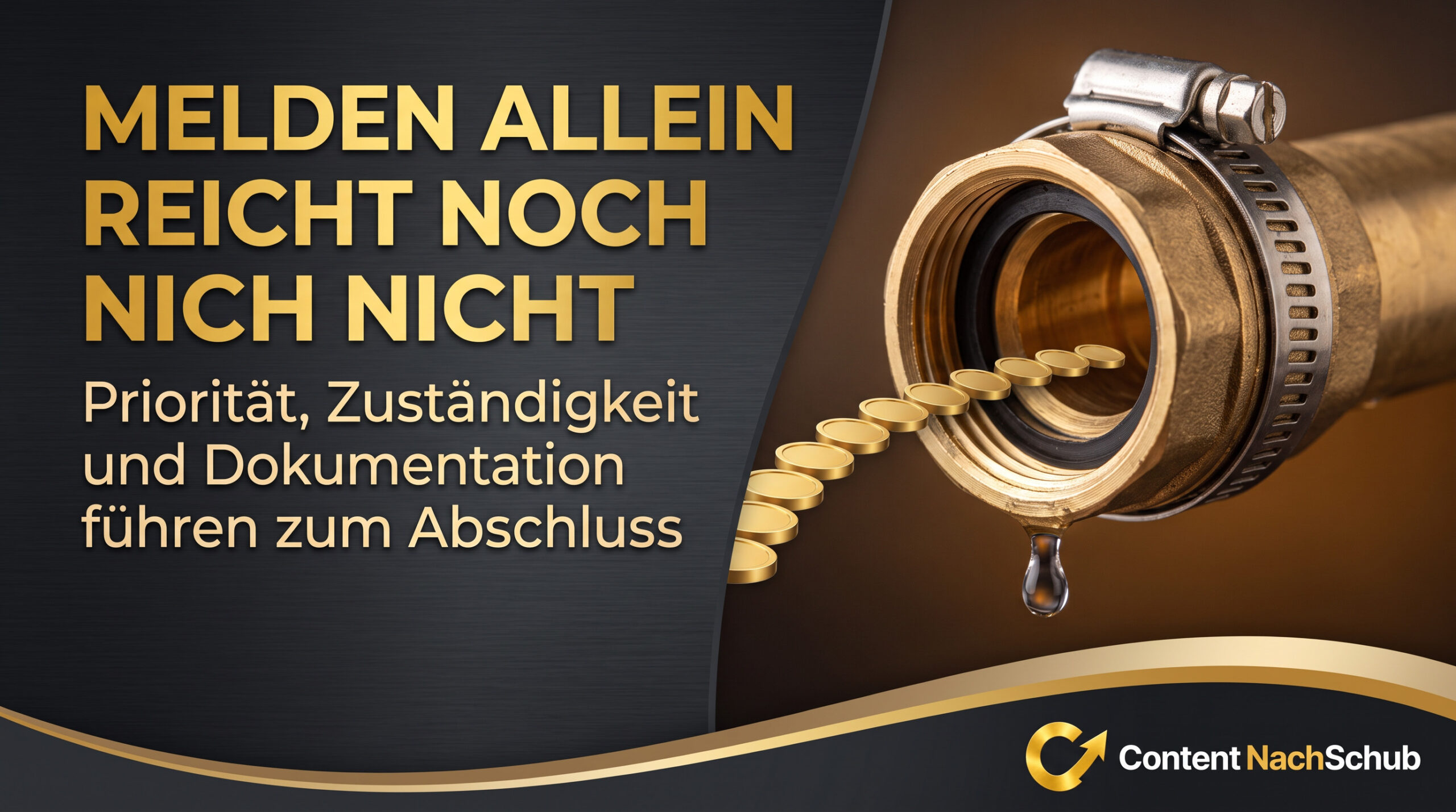 Aus einer goldenen Feuerwehrdüse strömen Goldmünzen. Der deutsche Text lautet: „Melden allein reicht noch nicht. Priorität, Zuständigkeit und Dokumentation führen zum Abschluss.“ In der Ecke befindet sich das Logo von „Content NachSchub“.