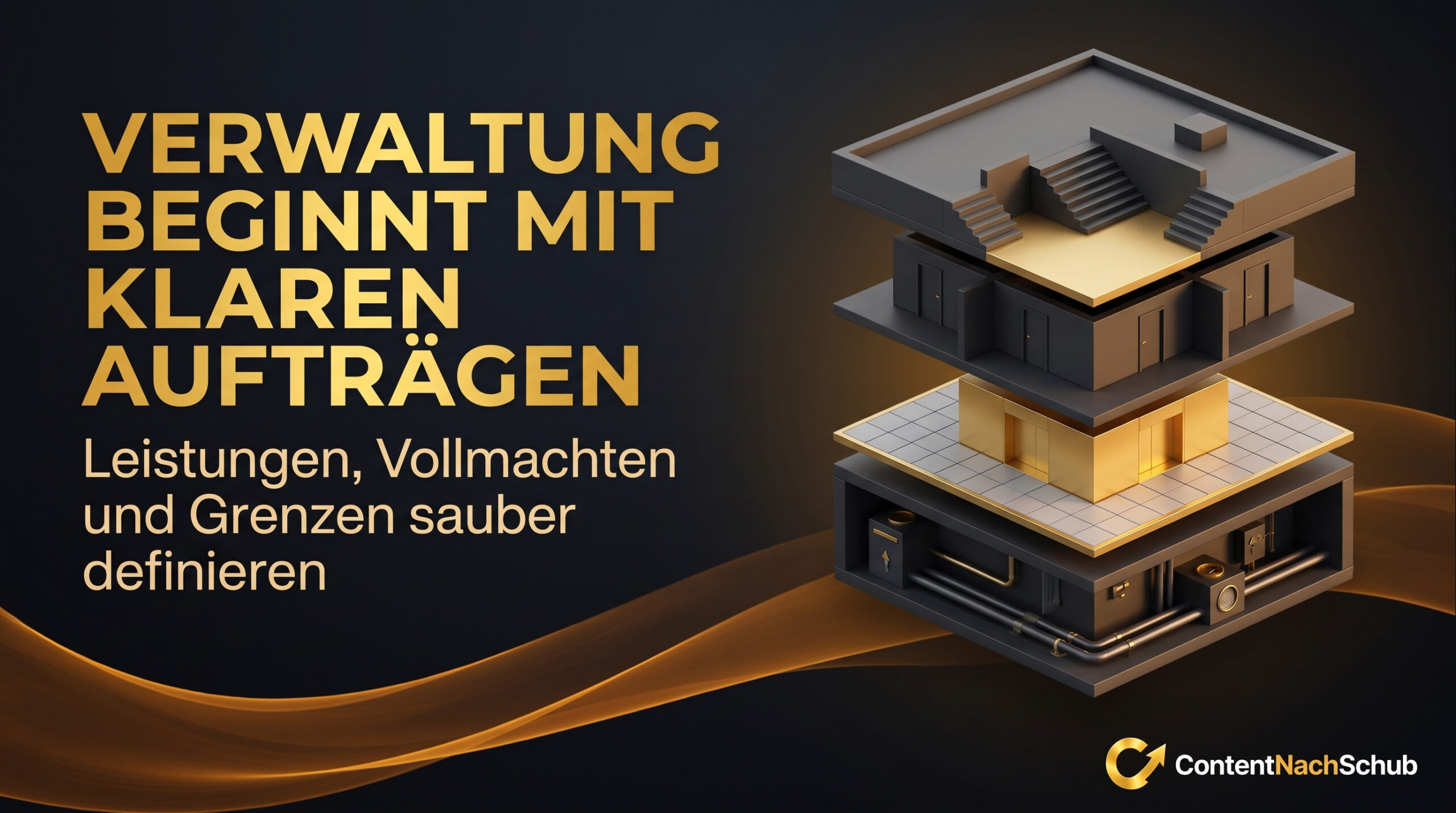 Ein stilisiertes Gebäudemodell mit deutschem Text: „Verwaltung beginnt mit klaren Aufträgen. Leistungen, Befugnisse und Grenzen klar definieren.“ Eine abstrakte goldene Welle und das ContentNachSchub-Logo auf dunklem Hintergrund.