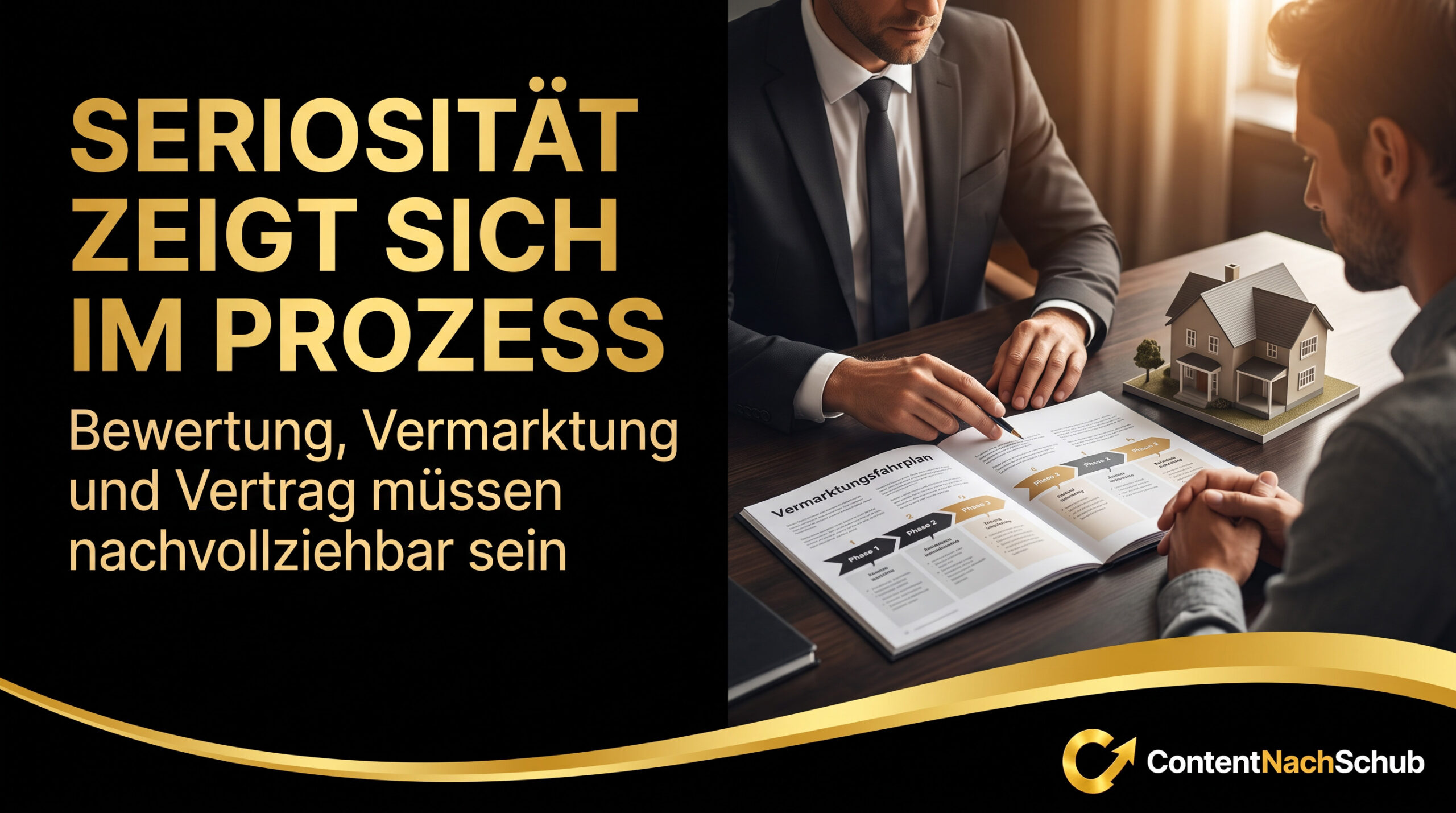 Zwei Geschäftsleute in Anzügen besprechen an einem Schreibtisch mit einem Hausmodell Immobilienprospekte. Der Text auf Deutsch lautet: Seriosität zeigt sich im Prozess. Bewertung, Vermarktung und Vertrag müssen nachvollziehbar sein.