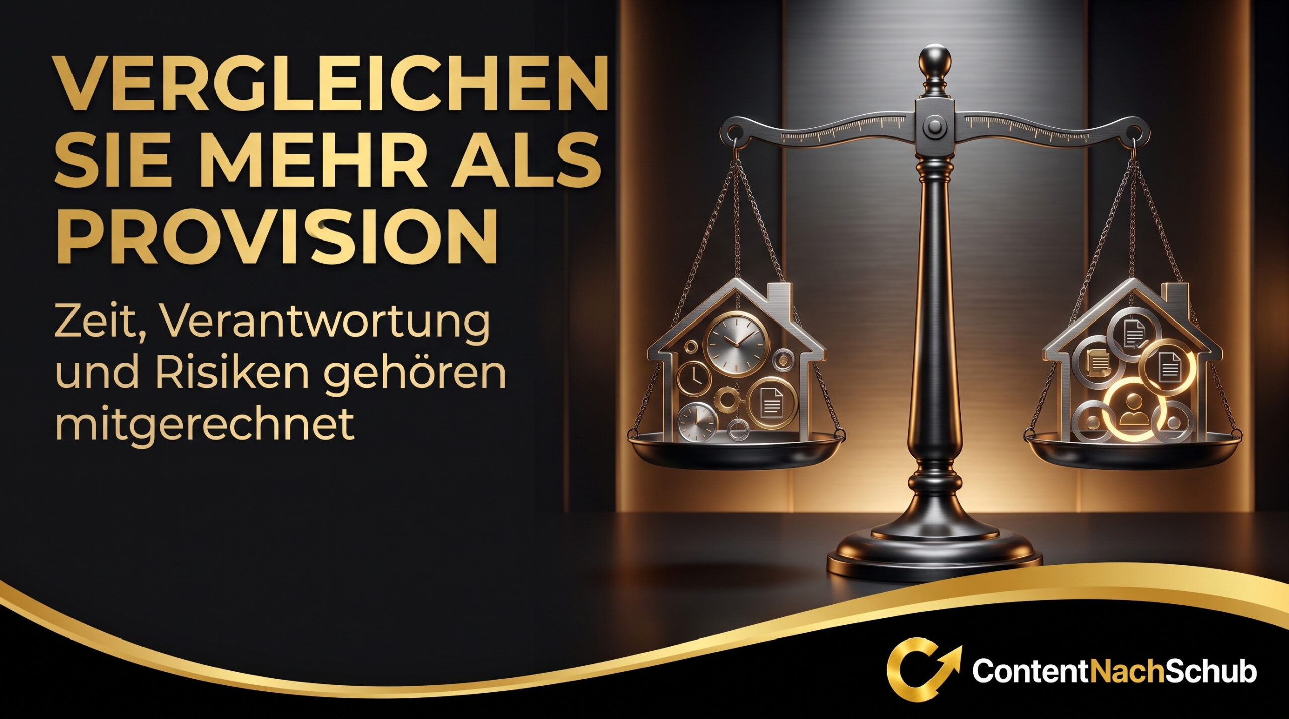 Eine goldene Waage hält zwei Haussymbole mit Münzen, Zahnrädern und Zifferblättern im Gleichgewicht. Der deutsche Text lautet: „VERGLEICHEN SIE MEHR ALS NUR DIE PROVISION. Zeit, Verantwortung und Risiken müssen ebenfalls berücksichtigt werden.“ Unten ist das ContentNachSchub-Logo zu sehen.