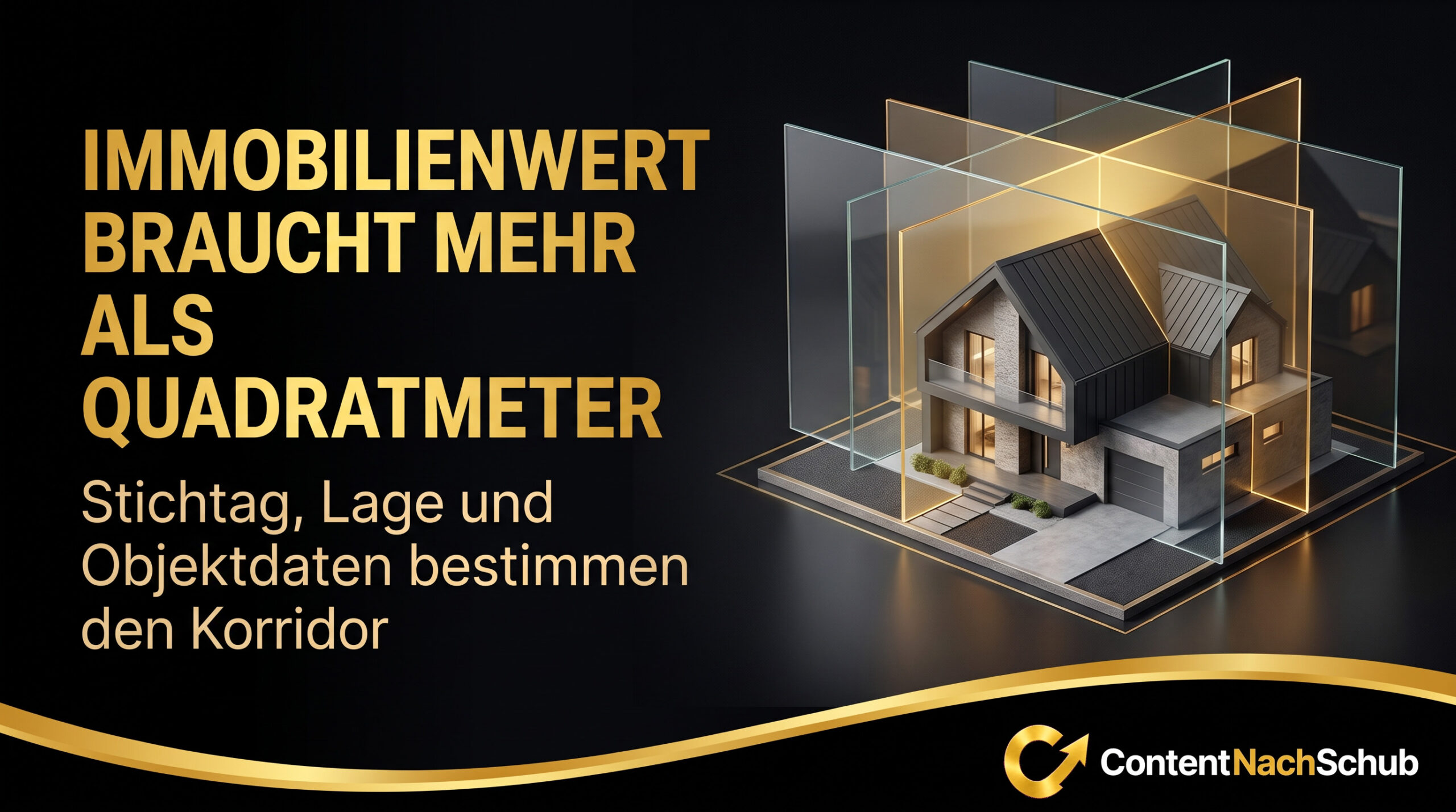 Eine digitale Grafik mit einem modernen Hausmodell, umgeben von transparenten quadratischen Ebenen. Der deutsche Text lautet: „IMMOBILIENWERT BRAUCHT MEHR ALS QUADRATMETER. Stichtag, Lage und Objektdaten bestimmen den Korridor.“.