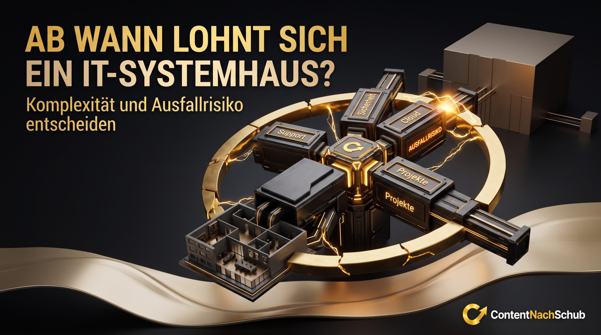 3D-Grafik von miteinander verbundenen Büroräumen mit den Bezeichnungen „Support“, „Projekte“, „Netzwerk“, „Server“, „Cloud“ und „Sicherheit“, die durch leuchtende Linien miteinander verbunden sind. Der deutsche Text lautet: „Ab wann lohnt sich ein IT-Systemhaus?“ und mehr. Das „ContentNachSchub“-Logo befindet sich unten rechts.