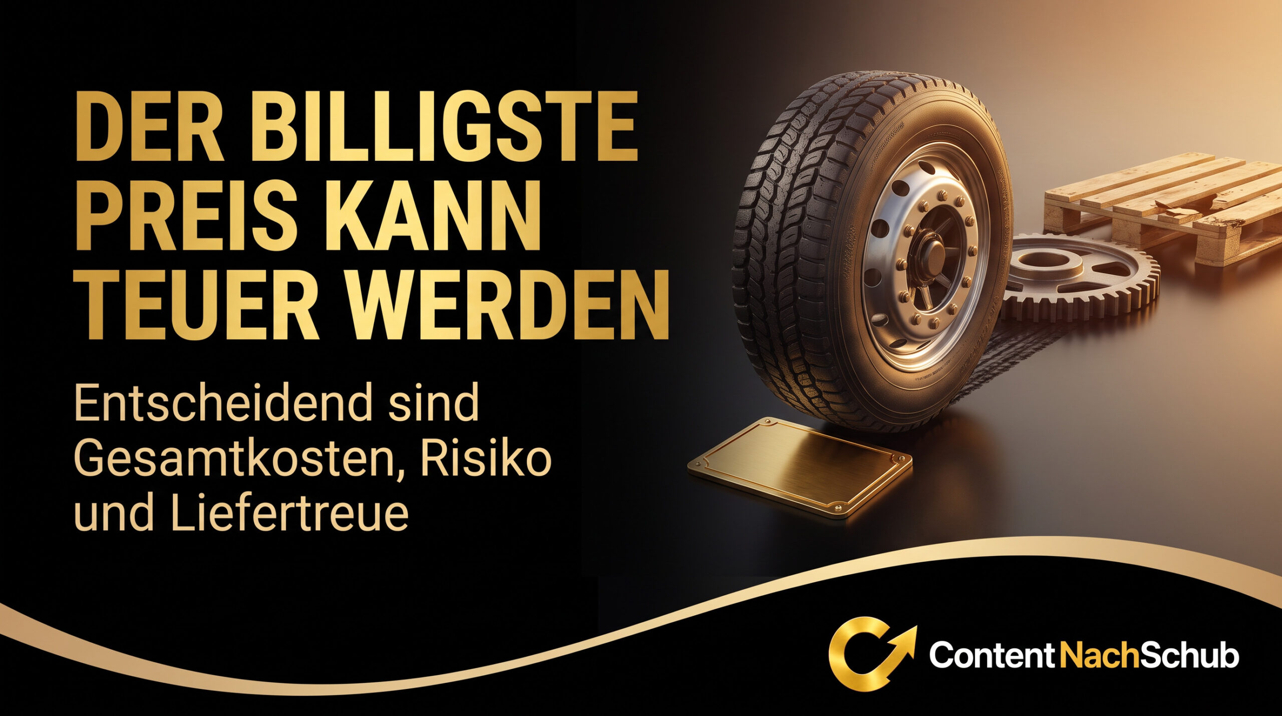Neben einem fettgedruckten deutschen Text, der davor warnt, dass der günstigste Preis teuer werden kann, und der die Gesamtkosten, das Risiko und die Lieferzuverlässigkeit hervorhebt, sind ein Reifen, eine Holzpalette und eine goldene Waage abgebildet.