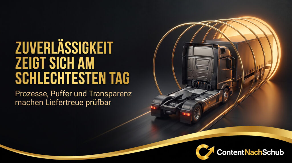 Ein schwarzer Lkw, umgeben von leuchtenden Ringen, fährt vorwärts. Der deutsche Text lautet: „Zuverlässigkeit zeigt sich am schlechtesten Tag. Prozesse, Puffer und Transparenz machen die Liefertreue überprüfbar.“ Das Logo von „ContentNachSchub“ wird eingeblendet.