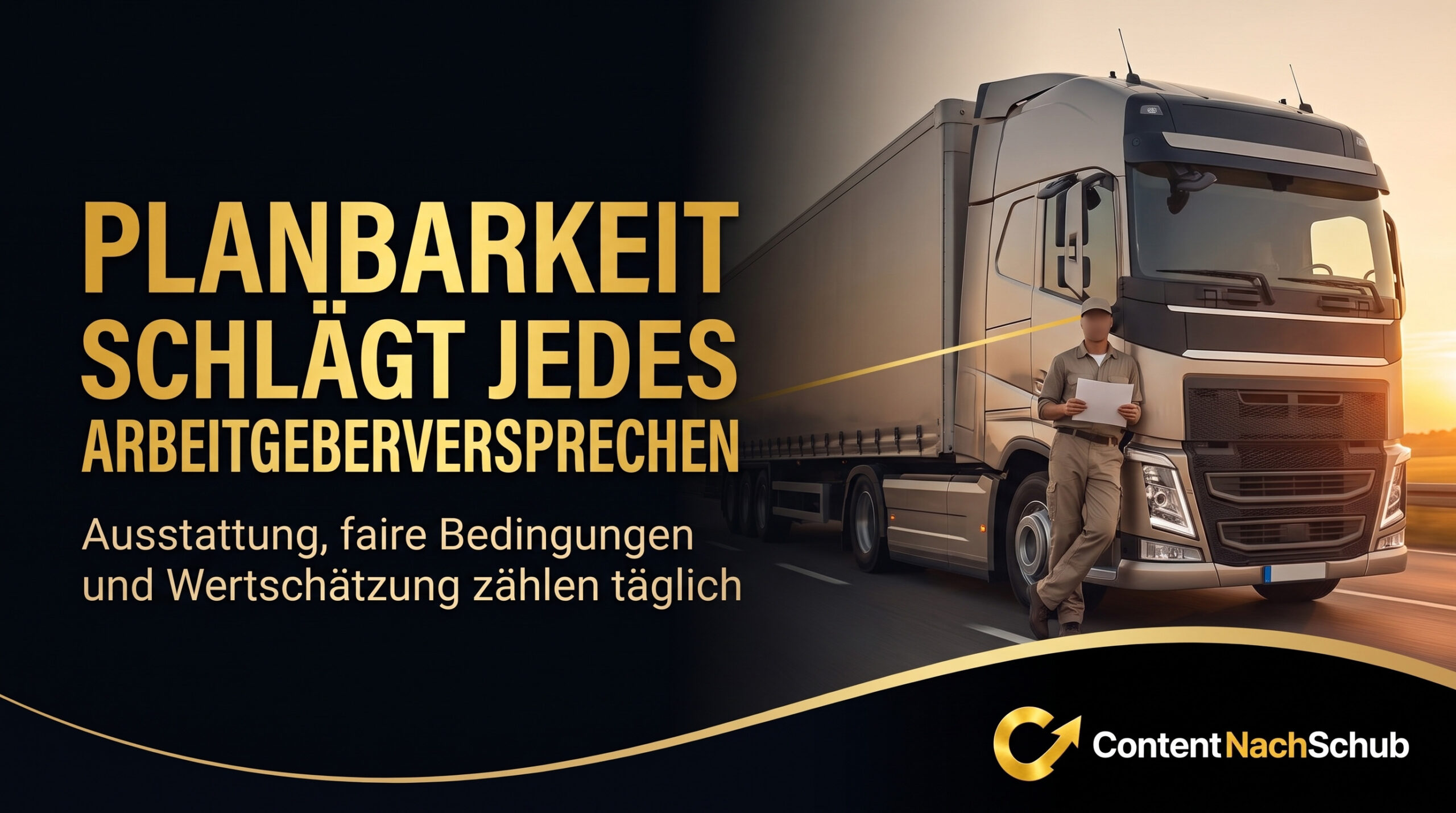 Ein Lkw-Fahrer mit einem Klemmbrett steht neben einem modernen Lkw. Der deutsche Text lautet: „Planbarkeit schlägt jedes Arbeitgeberversprechen. Ausstattung, faire Bedingungen und Wertschätzung zählen täglich.“ Das Logo von „ContentNachSchub“ ist zu sehen.
