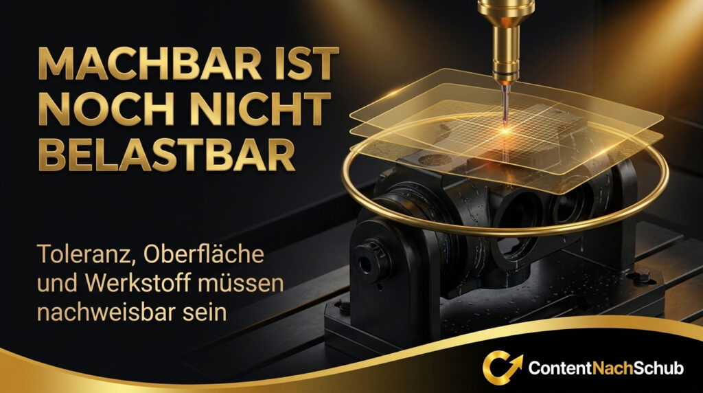 Eine goldene CNC-Maschine bohrt in Metall, über der digitale Raster zu sehen sind. Der deutsche Text lautet: „Machbar ist noch nicht belastbar. Toleranz, Oberfläche und Werkstoff müssen nachweisbar sein.“ Unten ist das „ContentNachSchub“-Logo zu sehen.