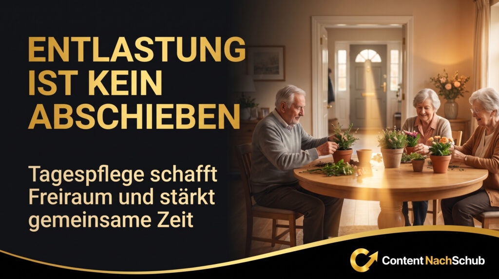Drei Lächelnde Senioren Sitzen An Einem Runden Tisch Und Topfen Gemeinsam Pflanzen In Der Wohnung Ein. Der Text Auf Deutsch Stellt Die Tagespflege Als Unterstützung Und Nicht Als Belastung Dar Und Hebt Die Gemeinsam Verbrachte Zeit Und Die Freiheit Hervor. Drei lächelnde Senioren sitzen an einem runden Tisch und topfen gemeinsam Pflanzen in der Wohnung ein. Der Text auf Deutsch stellt die Tagespflege als Unterstützung und nicht als Belastung dar und hebt die gemeinsam verbrachte Zeit und die Freiheit hervor.