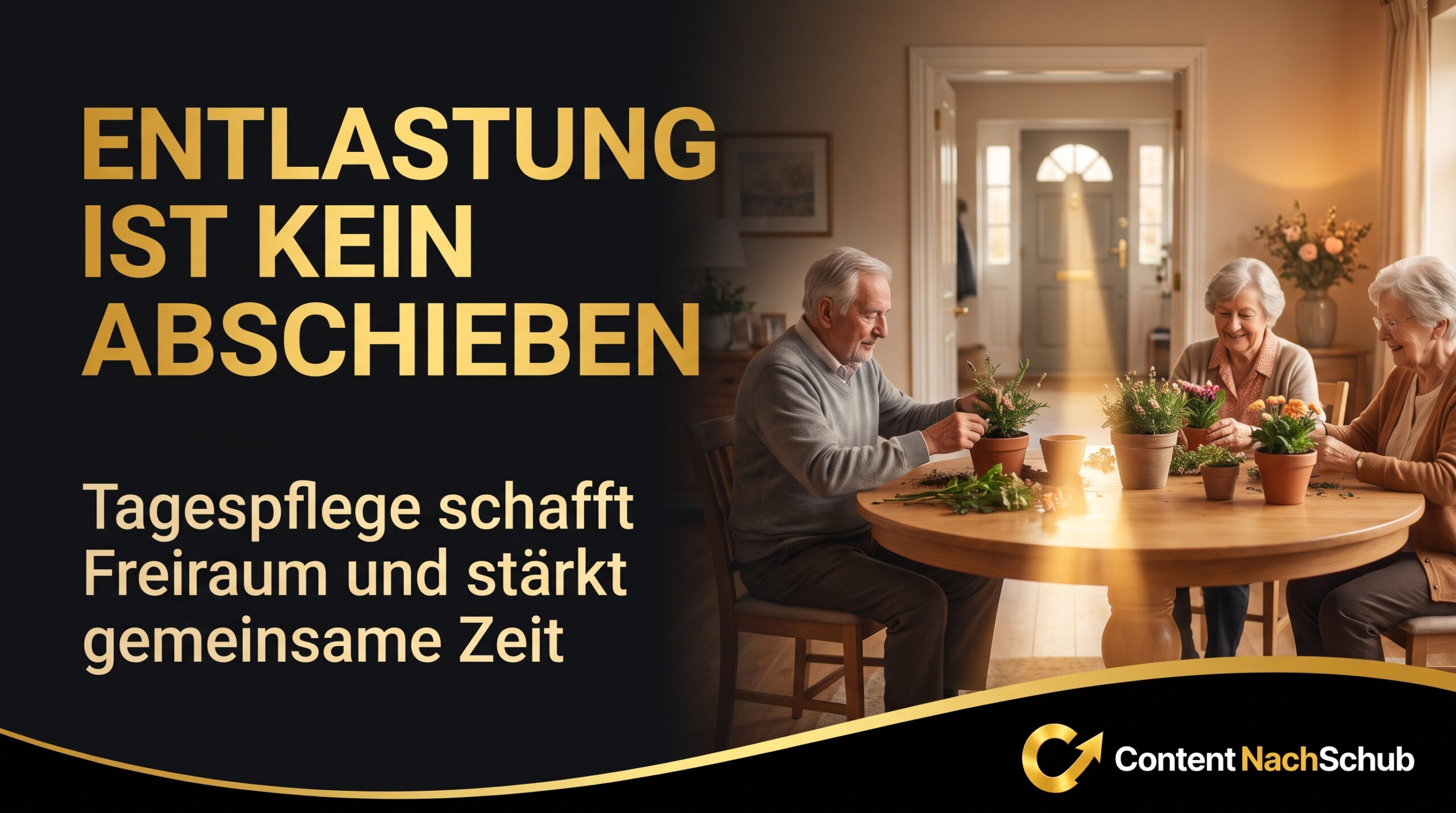 Drei lächelnde Senioren sitzen an einem runden Tisch und topfen gemeinsam Pflanzen in der Wohnung ein. Der Text auf Deutsch stellt die Tagespflege als Unterstützung und nicht als Belastung dar und hebt die gemeinsam verbrachte Zeit und die Freiheit hervor.