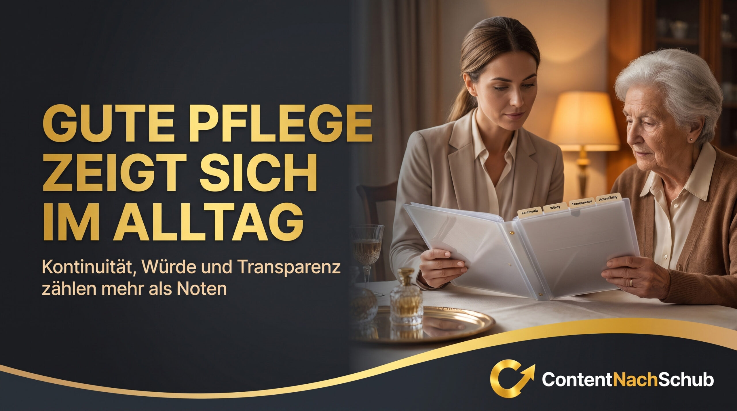 Eine Pflegekraft zeigt einer älteren Frau an einem Tisch Unterlagen. Der deutsche Text lautet: „Gute Pflege zeigt sich im Alltag. Kontinuität, Würde und Transparenz zählen mehr als Noten.“ Das Logo von „ContentNachSchub“ ist zu sehen.
