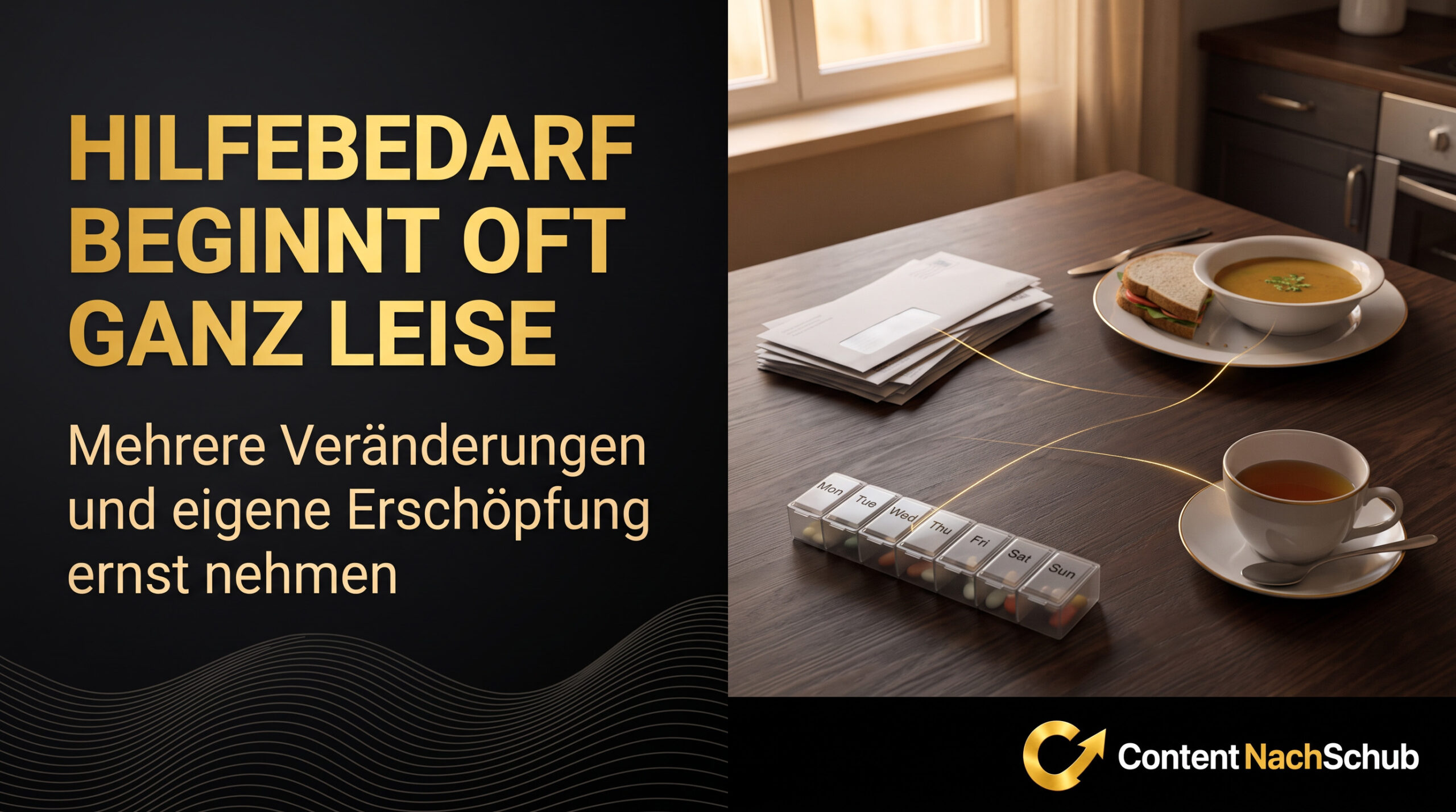 Ein Tisch mit einer Schüssel Suppe, Tabletten in einem Tagesplaner und Briefumschlägen. Text: HILFEBEDARF BEGINNT OFT GANZ LEISE. Mehrere Veränderungen und die eigene Erschöpfung ernst nehmen. ContentNachSchub-Logo.