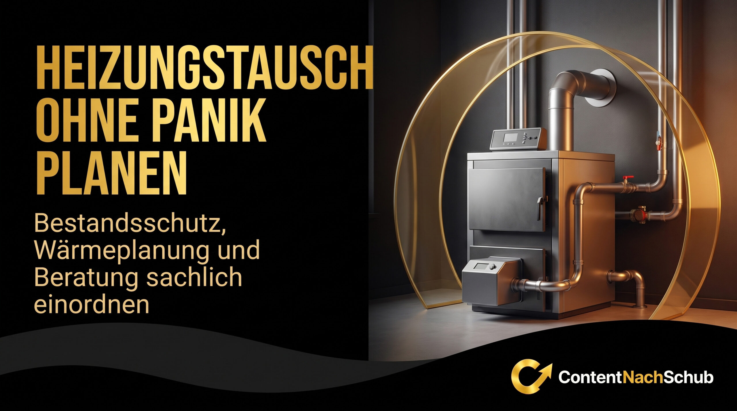 Eine moderne Heizungsanlage, umrahmt von einem gelben Schild, mit einem deutschen Text über die Planung eines Heizungsaustauschs ohne Panik, die Einstellung von Schutzvorrichtungen, die Wärmeplanung und die Beratung. Das „InhaltNachSchub“-Logo ist unten rechts zu sehen.