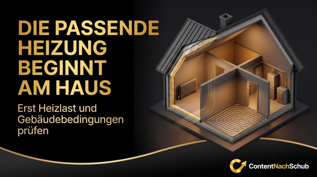 Eine Digitale Illustration Eines Hausquerschnitts Zeigt Heizungsanlagen Mit Goldenem Text In Deutscher Sprache: „Die Passende Heizung Beginnt Am Haus. Erst Heizlast Und Gebäudebedingungen Prüfen.“ Das „ContentNachSchub“ Logo Befindet Sich Unten Rechts. Eine digitale Illustration eines Hausquerschnitts zeigt Heizungsanlagen mit goldenem Text in deutscher Sprache: „Die passende Heizung beginnt am Haus. Erst Heizlast und Gebäudebedingungen prüfen.“ Das „ContentNachSchub“-Logo befindet sich unten rechts.