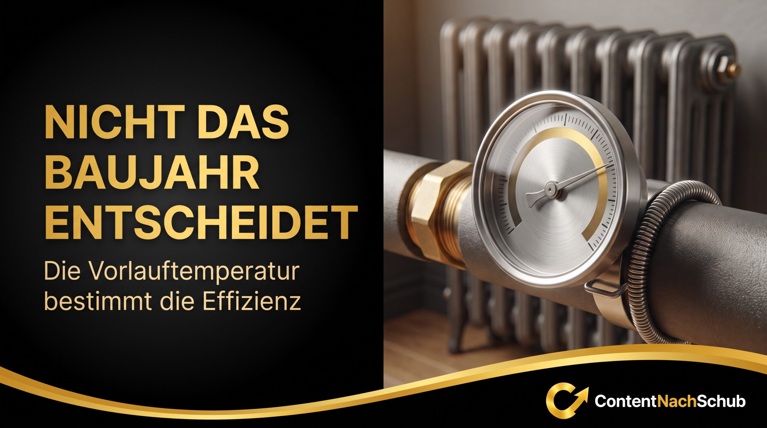 Ein Messgerät an einer Heizungsleitung mit einem Heizkörper im Hintergrund. Der Text auf Deutsch lautet: NICHT DAS BAUJAHR ENTSCHEIDET. Die Vorlauftemperatur bestimmt die Effizienz. Unten ist das ContentNachSchub-Logo zu sehen.