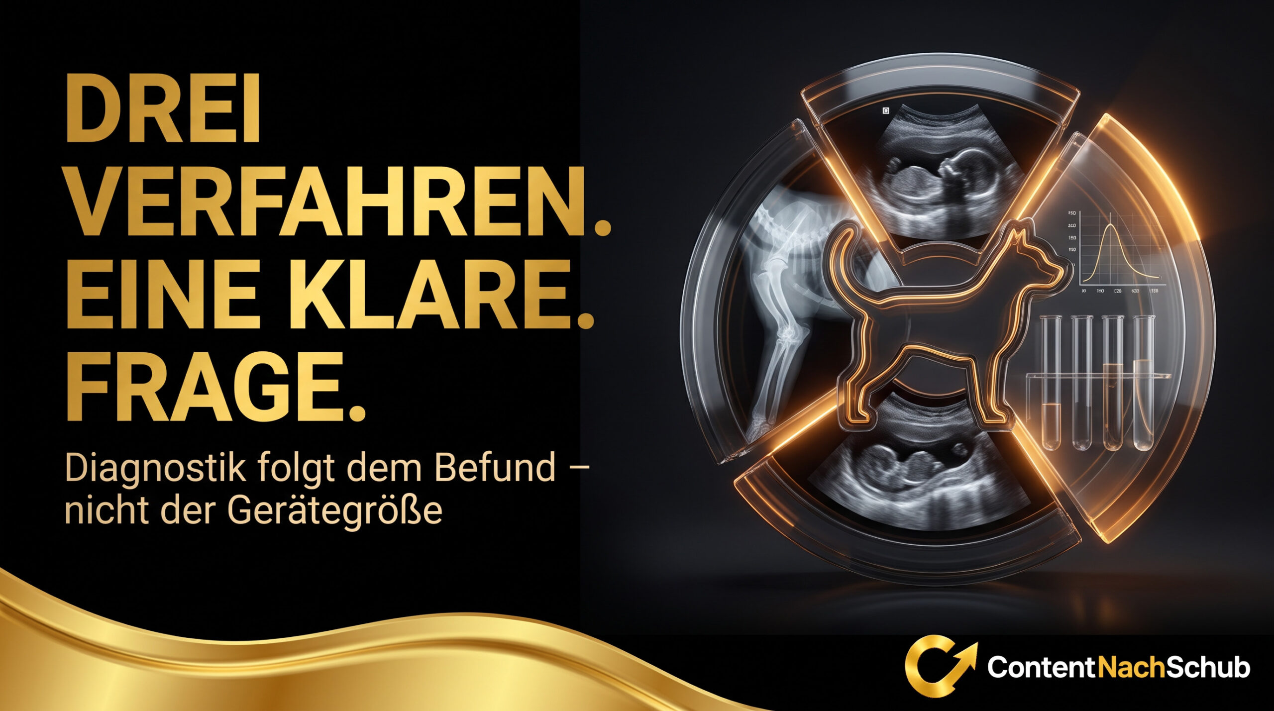 Der goldene Text lautet: DREI VERFAHREN. EINE KLARE FRAGE. Daneben ist eine 3D-Röntgenaufnahme eines Hundes in einem Kreis zu sehen, auf der innere Organe und medizinische Symbole dargestellt sind. In der unteren Ecke befindet sich ein gold-, weiß- und schwarzfarbenes „ContentNachSchub“-Logo.