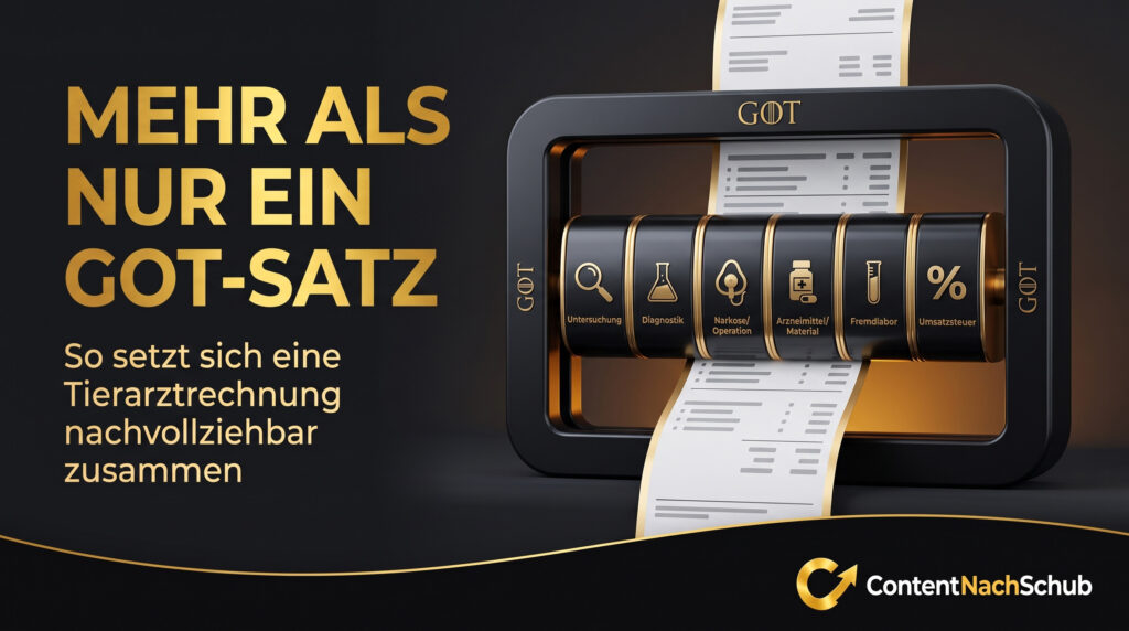 Eine Grafik Mit Der Aufschrift „Mehr Als Nur Ein GOT Satz“ Und Symbolen, Die Verschiedene Abrechnungskategorien In Der Tiermedizin Darstellen, Darunter Diagnose Und Operation, Neben Einer Langen Quittung. Der Text Erläutert Tierärztliche Rechnungen. Das „InhaltNachSchub“ Logo Ist Unten Zu Sehen. Eine Grafik mit der Aufschrift „Mehr als nur ein GOT-Satz“ und Symbolen, die verschiedene Abrechnungskategorien in der Tiermedizin darstellen, darunter Diagnose und Operation, neben einer langen Quittung. Der Text erläutert tierärztliche Rechnungen. Das „InhaltNachSchub“-Logo ist unten zu sehen.