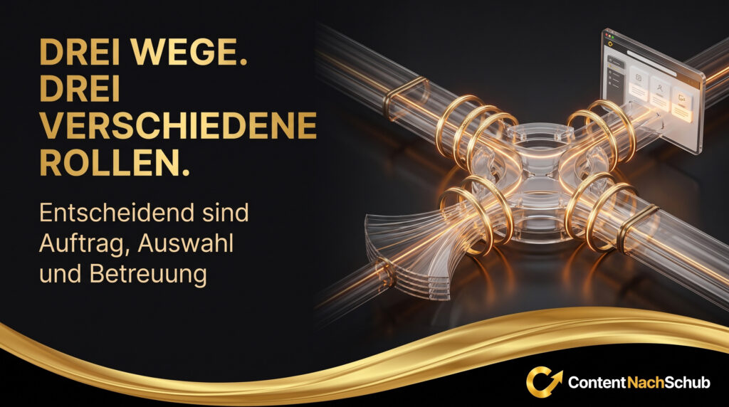 Eine Grafik mit goldenen Rohren, die sich in drei Richtungen verzweigen, einem digitalen Bildschirm an einem Ende und einem deutschen Text über drei Wege, drei Rollen sowie die Bedeutung von Zuweisung, Auswahl und Unterstützung. Das „InhaltNachSchub“-Logo unten rechts.