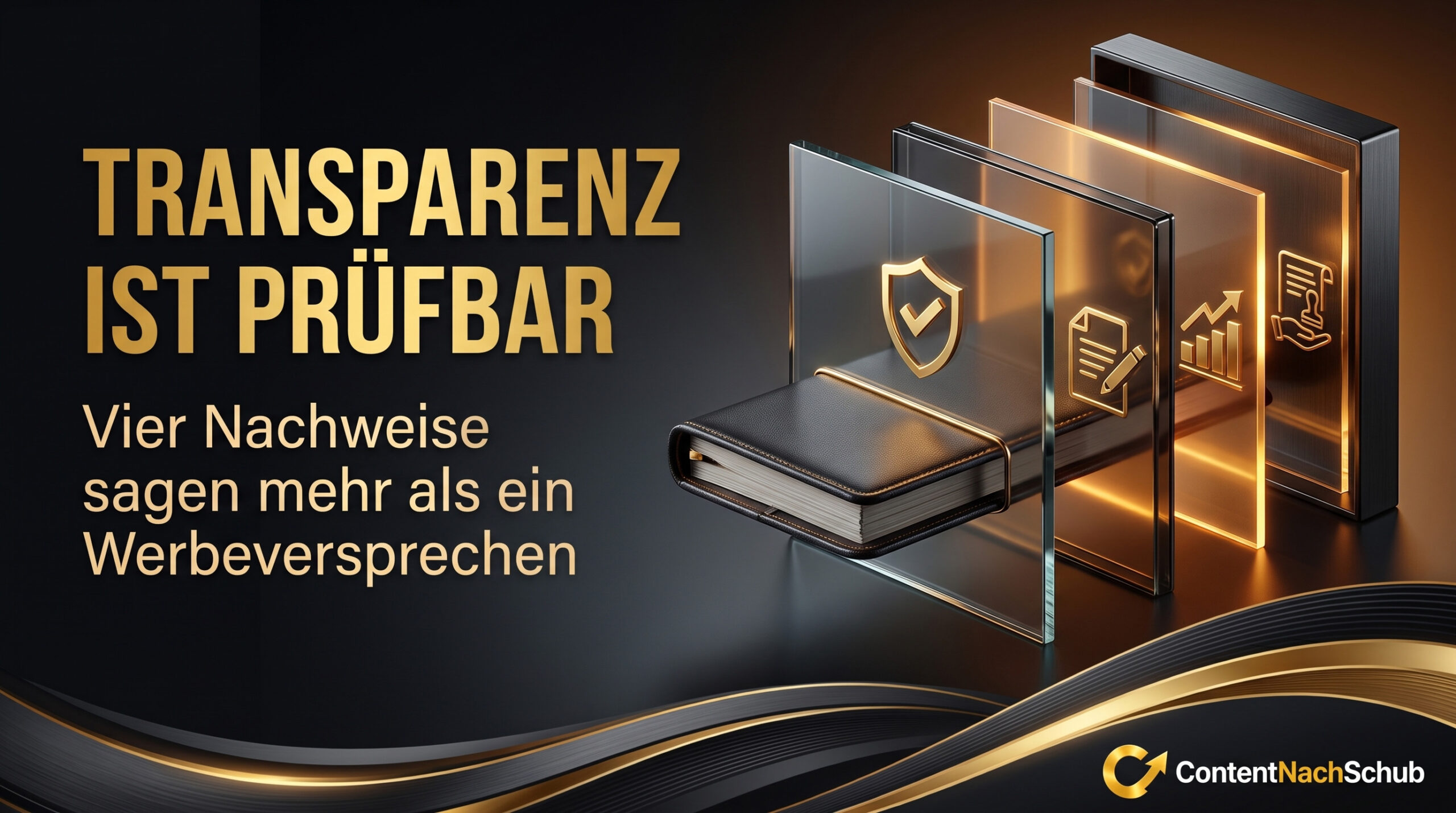 Neben dem Text stehen Glasplatten mit Symbolen für Sicherheit, Bücher und Daten: „Transparenz ist prüfbar. Vier Nachweise sagen mehr als ein Werbeversprechen.“ Farbgebung in Gold und Schwarz mit einem „ContentNachSchub“-Logo.