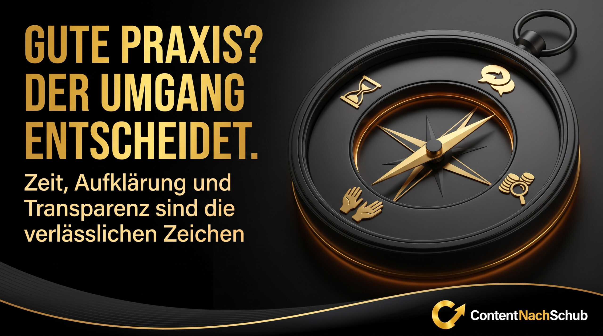Ein schwarz-goldener Kompass mit Gesundheitssymbolen neben einem fettgedruckten deutschen Text über bewährte Verfahren, Transparenz und Zuverlässigkeit, von ContentNachSchub.
