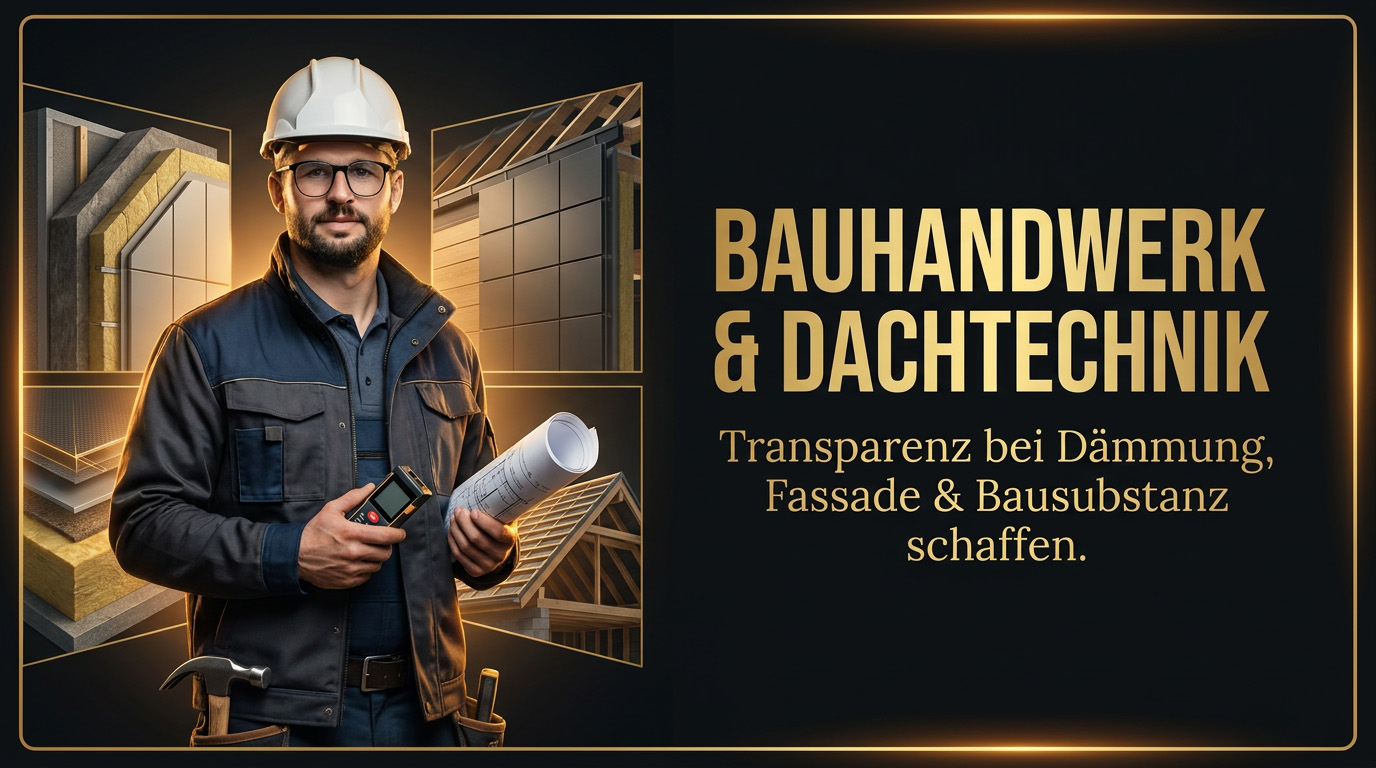 Kunde_bauhandwerk1 Ein Mann in Arbeitskleidung hält Baupläne und ein Werkzeug in der Hand und steht neben Architekturzeichnungen. Der Text auf Deutsch wirbt für Transparenz in den Bereichen Dämmung, Fassade und Bausubstanz in der Bau- und Dachtechnik.